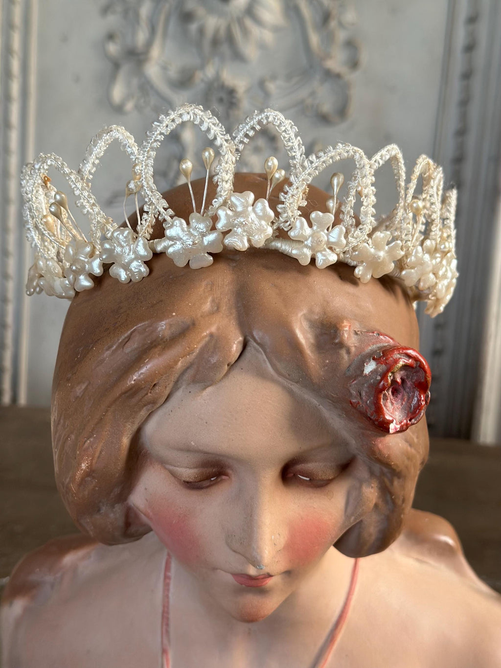 Antique 1950s  Floral Wax with ribbon tiara crown