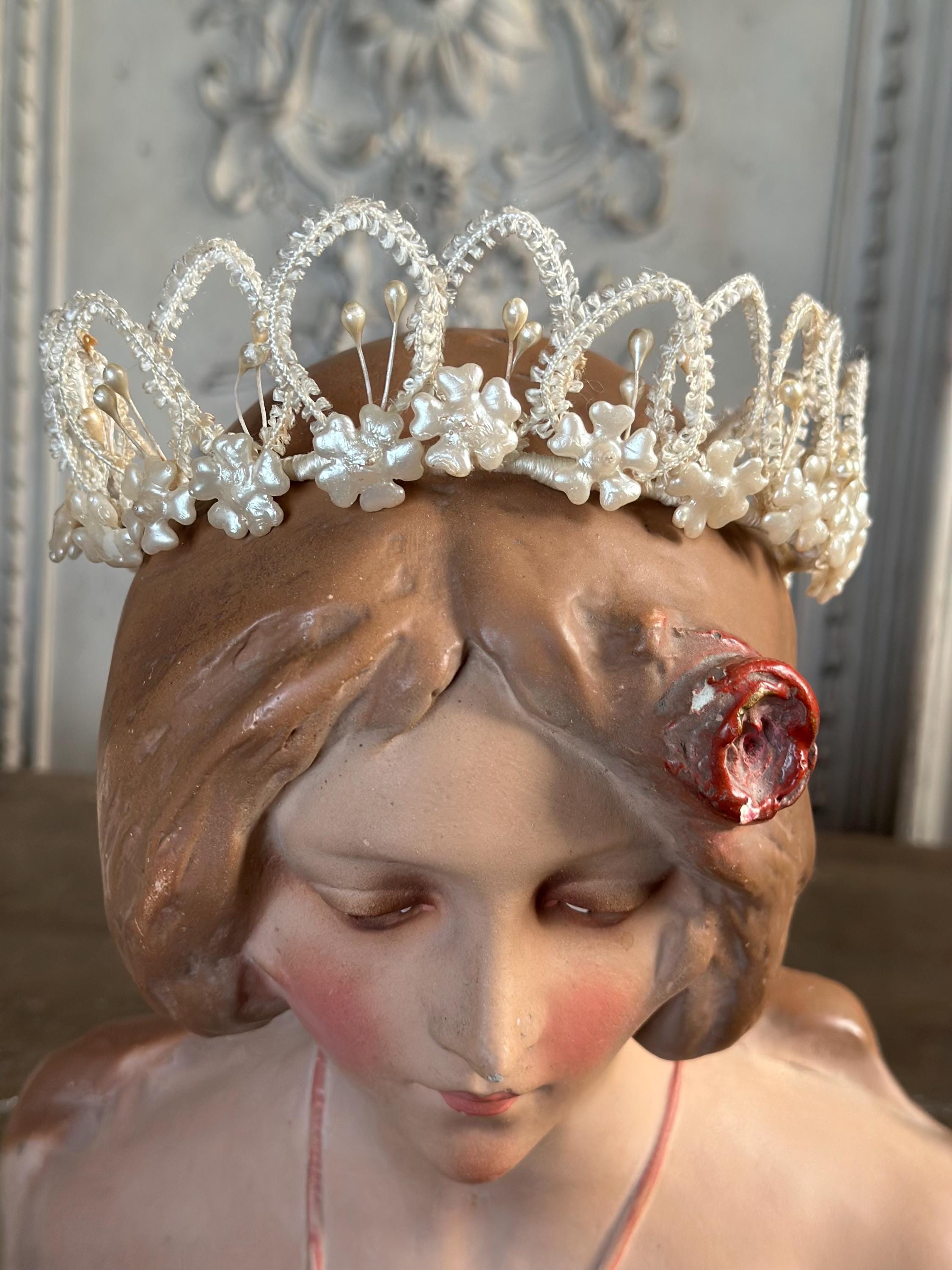 Antique 1950s  Floral Wax with ribbon tiara crown