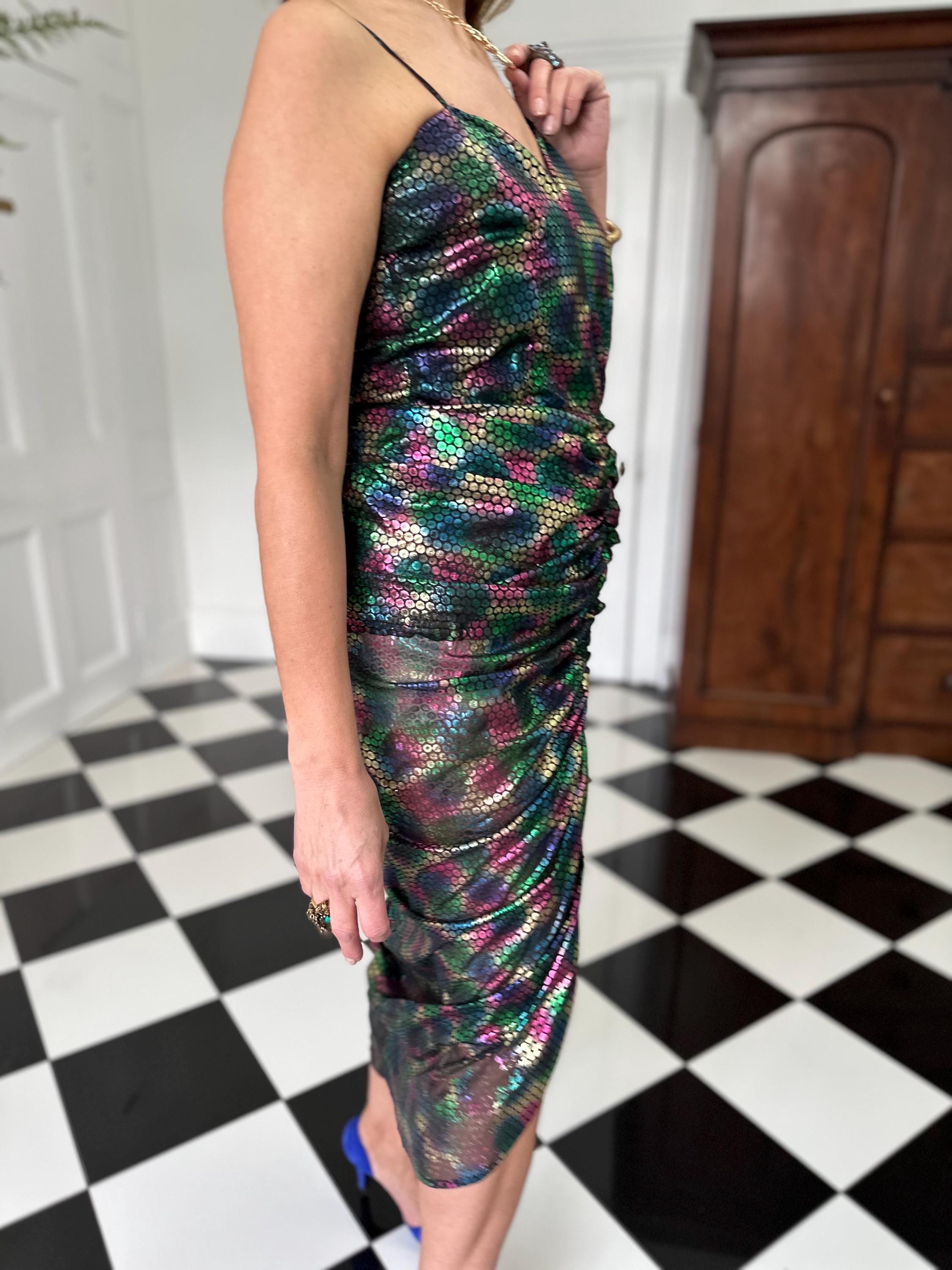 1980s vintage iridescent mermaid scale ruched cocktail  dress
