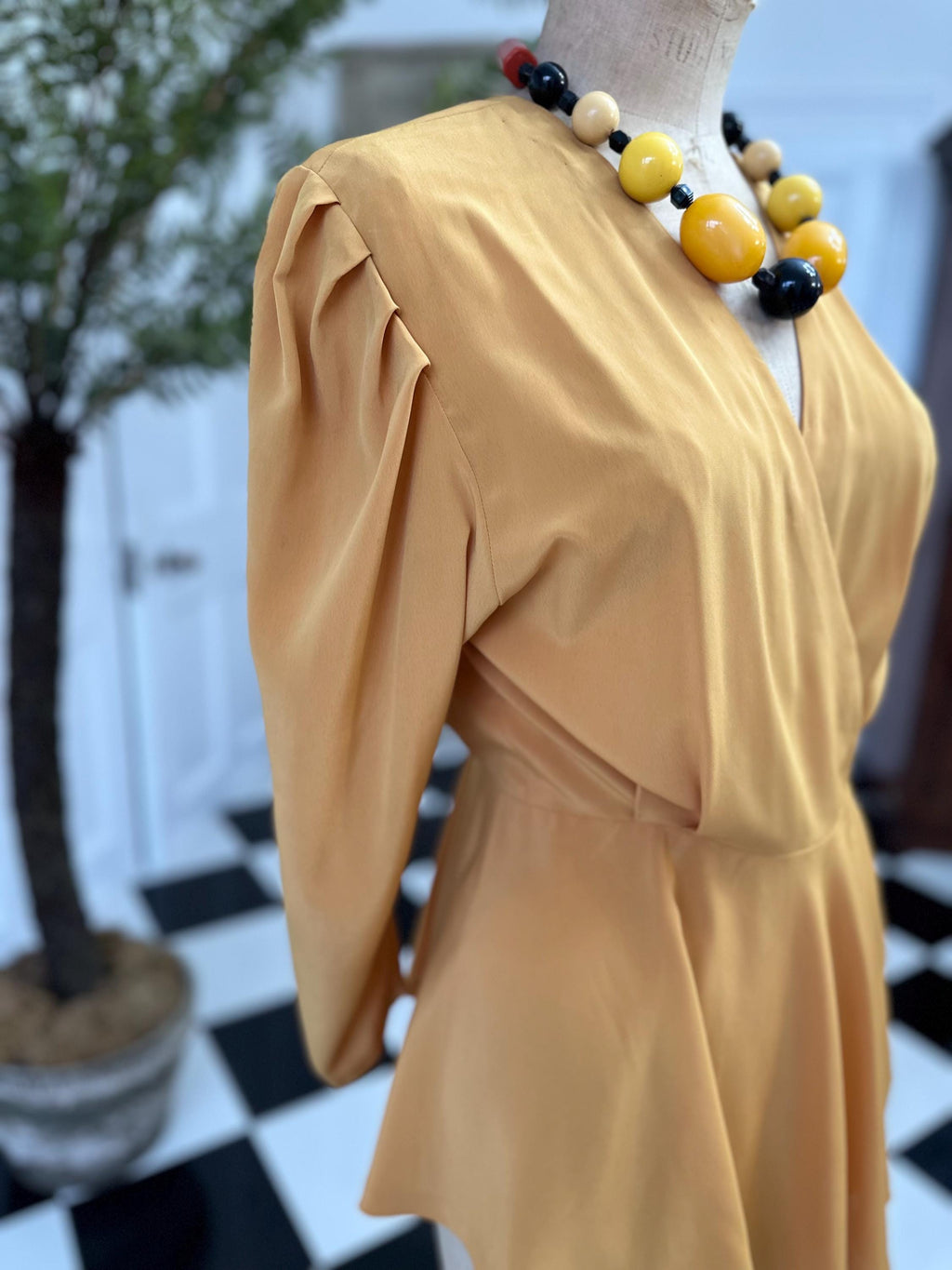 Vintage 1980s silk long sleeve wrap blouse in mustard