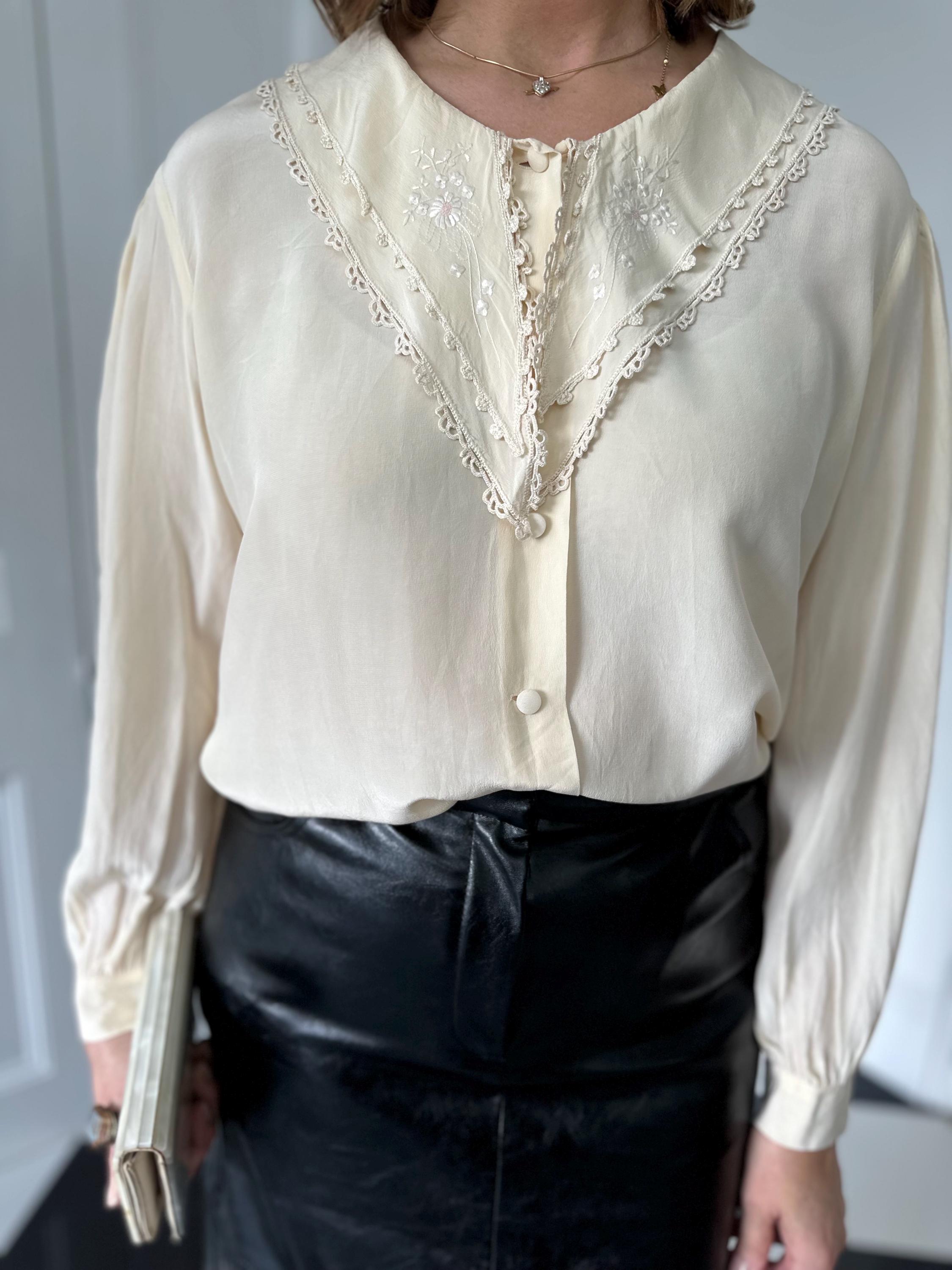 Vintage cream silk blouse with hand embroidery detail