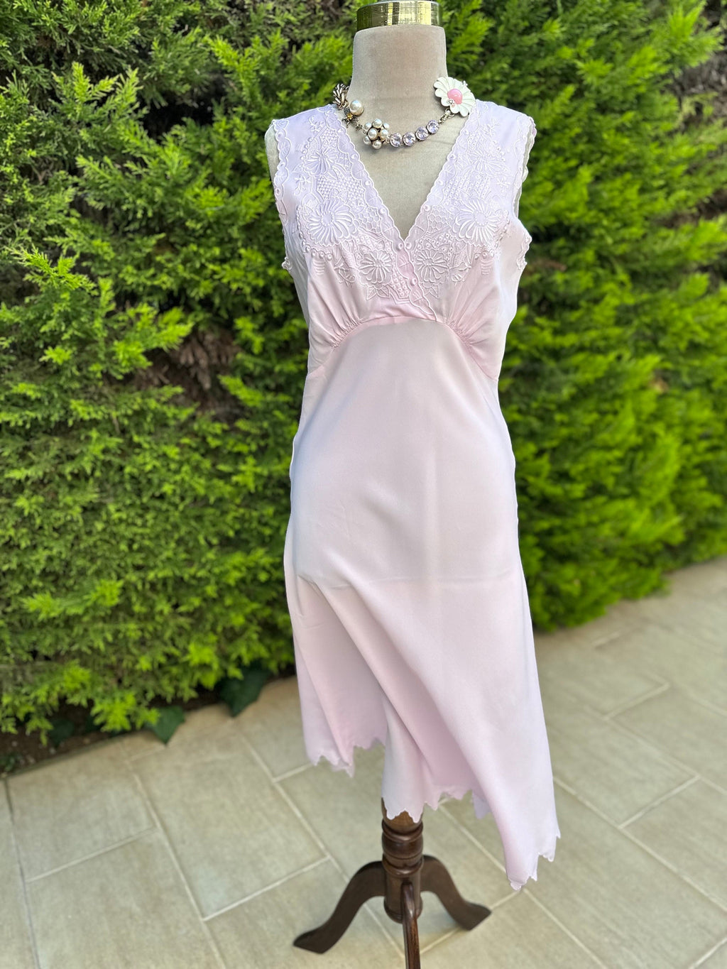 1970 Vintage long pink slip dress with a crossover top with embroidery details