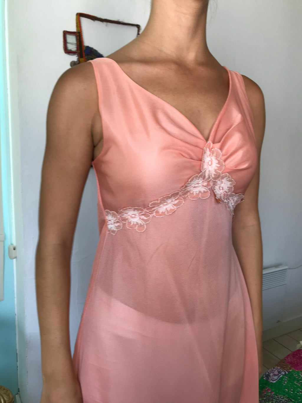 1970s long plunge neck lingerie slip dress