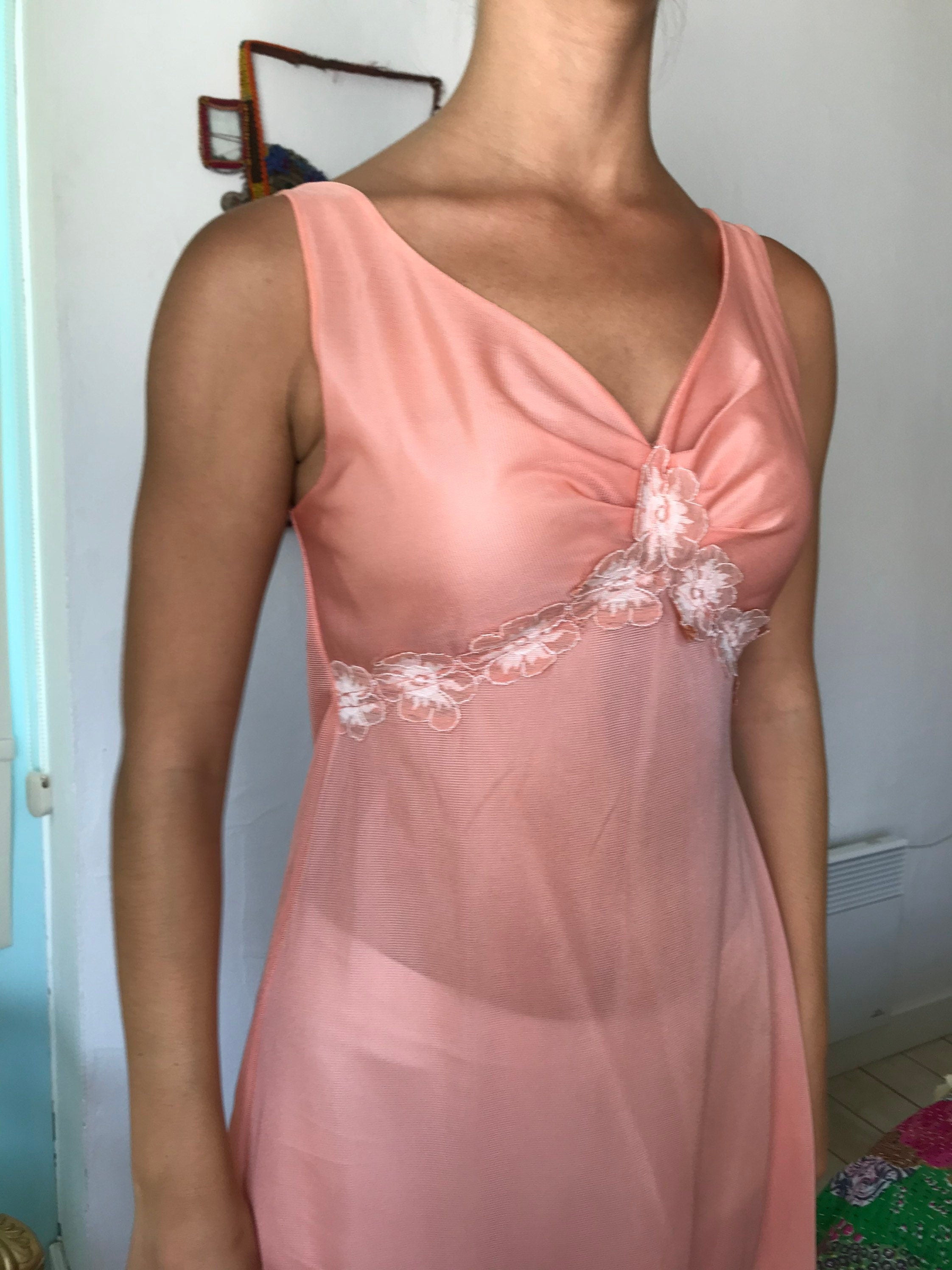1970s long plunge neck lingerie slip dress