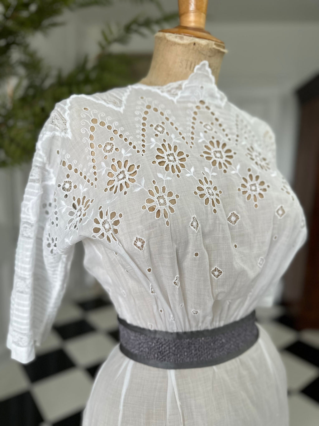 Antique Edwardian white broderie anglaise cotton lawn dress hand embroidered details.