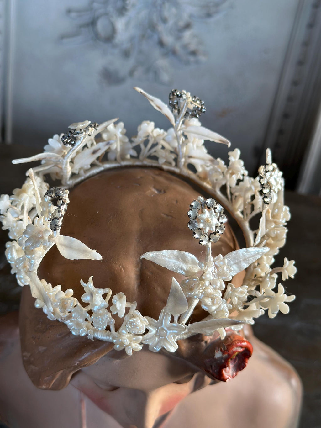 1910s 1920s Wax Elegant Handcrafted flowers and Crystals wedding Tiara