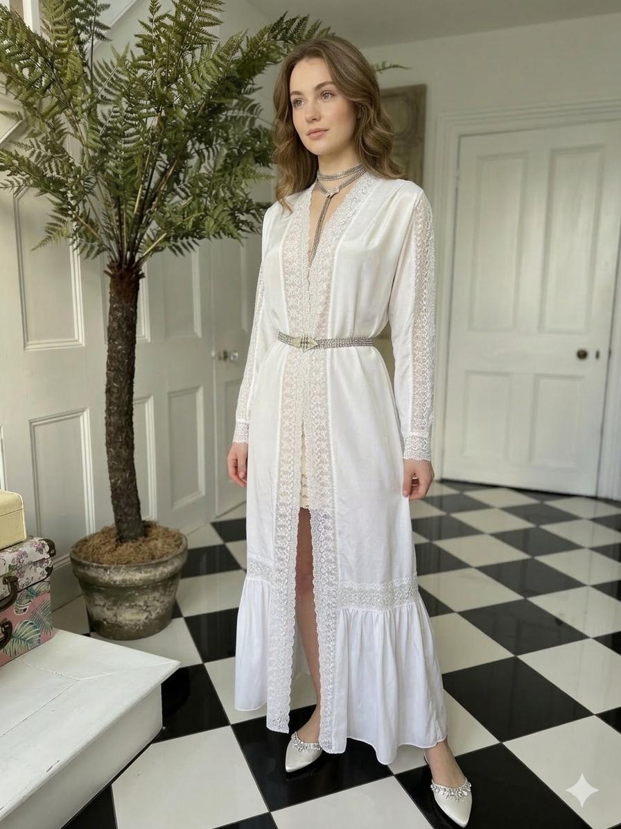 1970s Silky white long gown with lace details