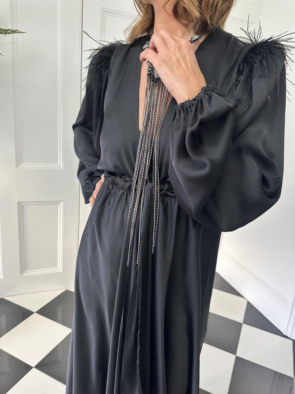 Vintage 1940s style black maxi gown robe with ostrich feather