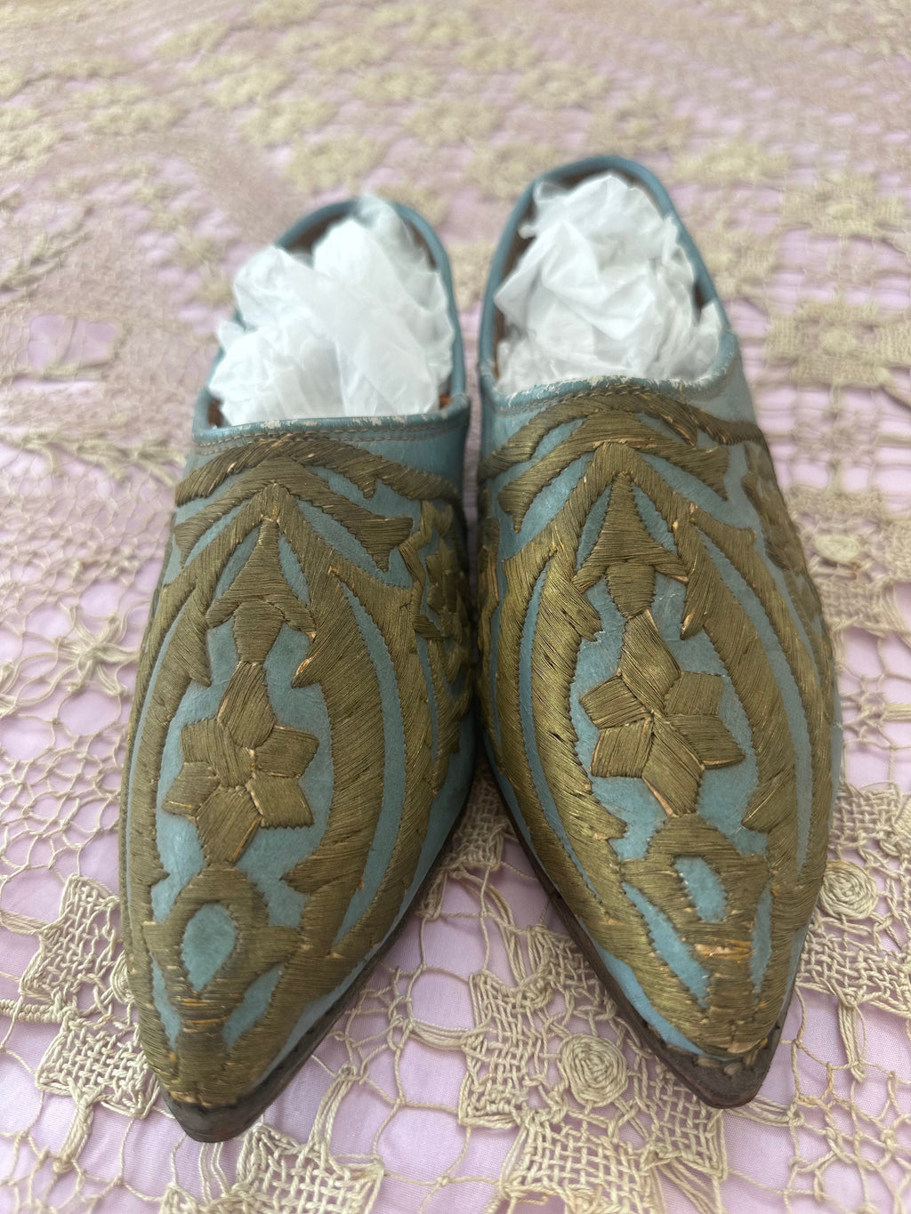 Antique Ottoman 19th century leather shoes with gold embroidery