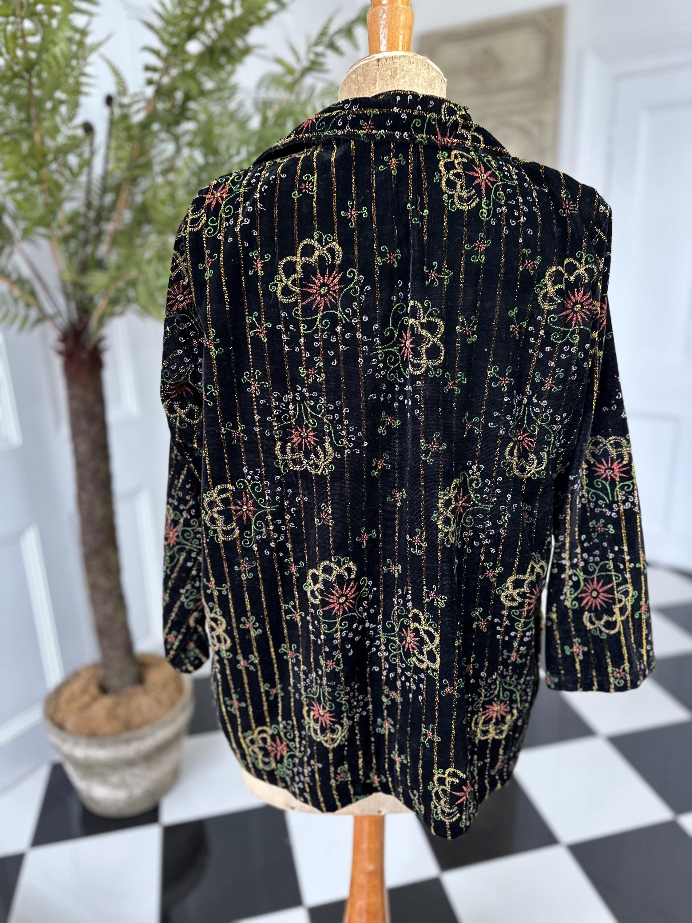 1970s box style velvet jacket blouse in gold thread floral embroidery