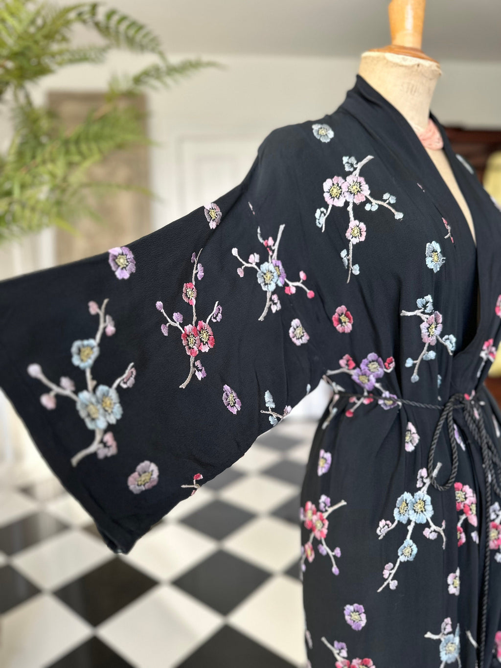 1930s black kimono with pastel colour silk flowers embroidery