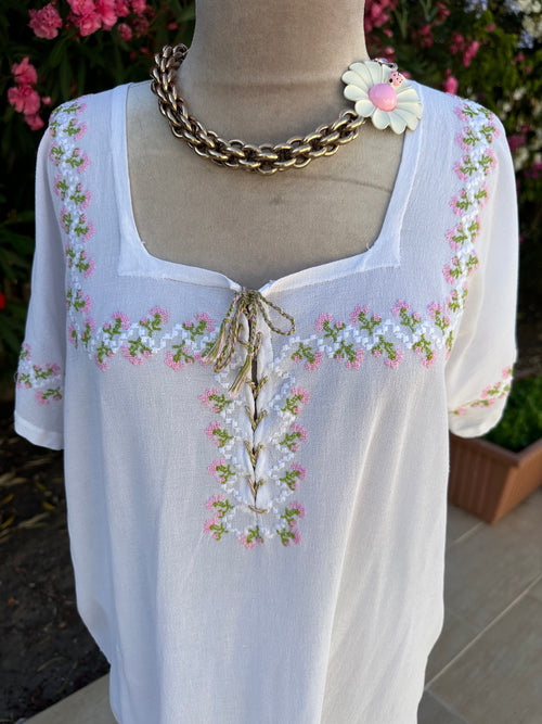 1940 white georgette hand embroidery long smock dress