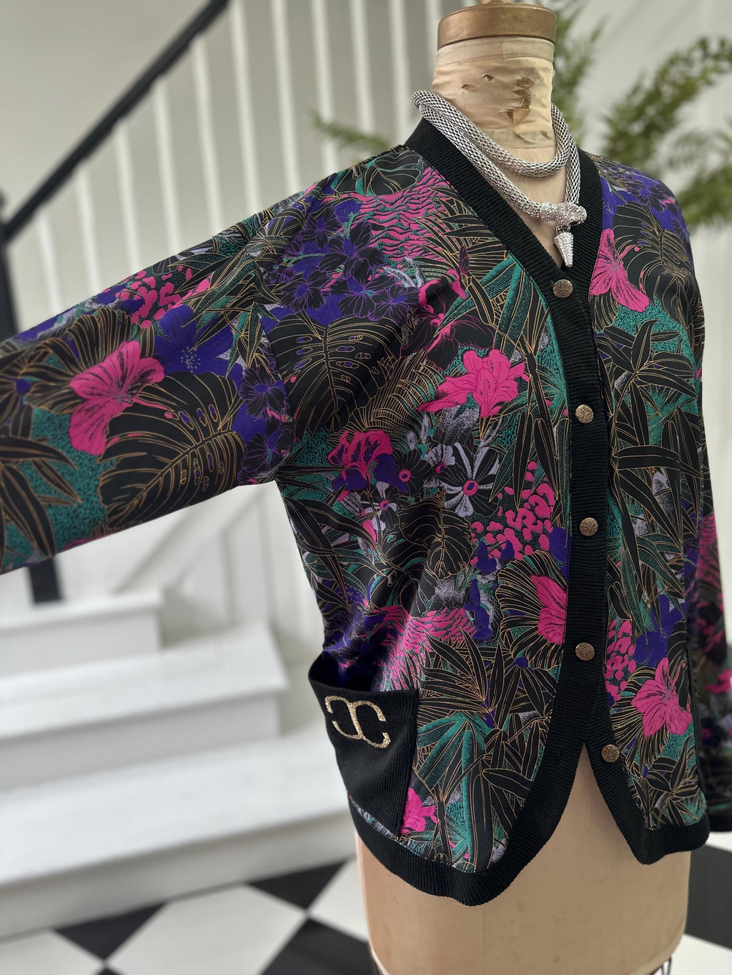 1980s Black Blouse Cardigan with Tropical Pattern