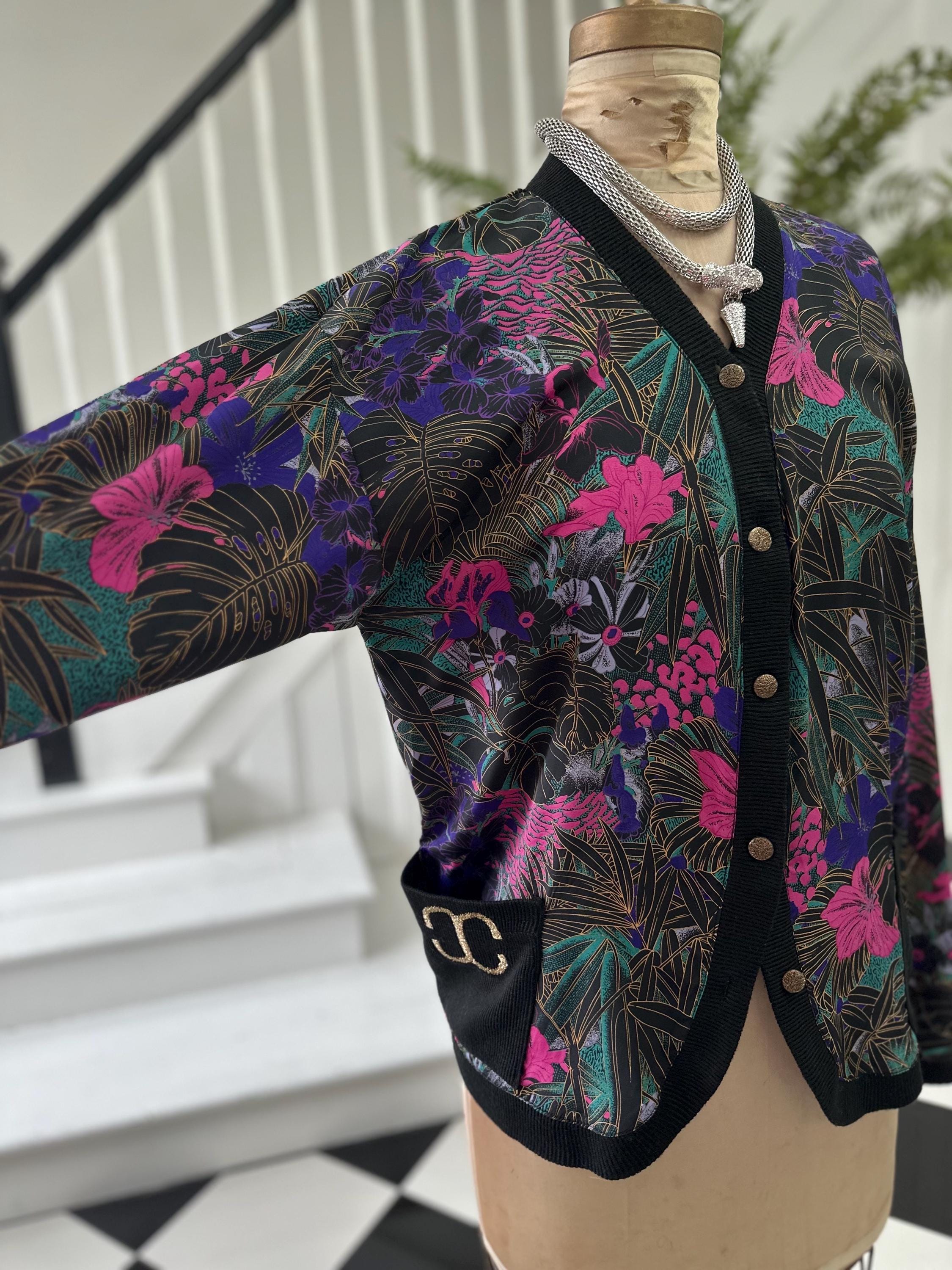 1980s Black Blouse Cardigan with Tropical Pattern