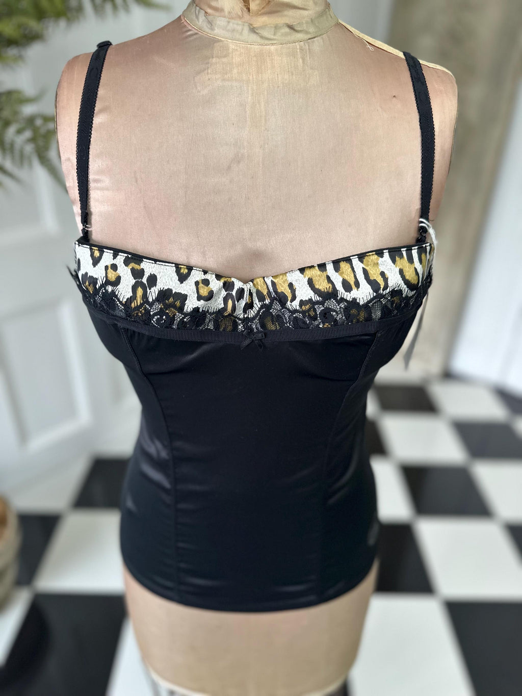 Just Cavalli Elegant Black satin and  Lace bustier with leopard trimming