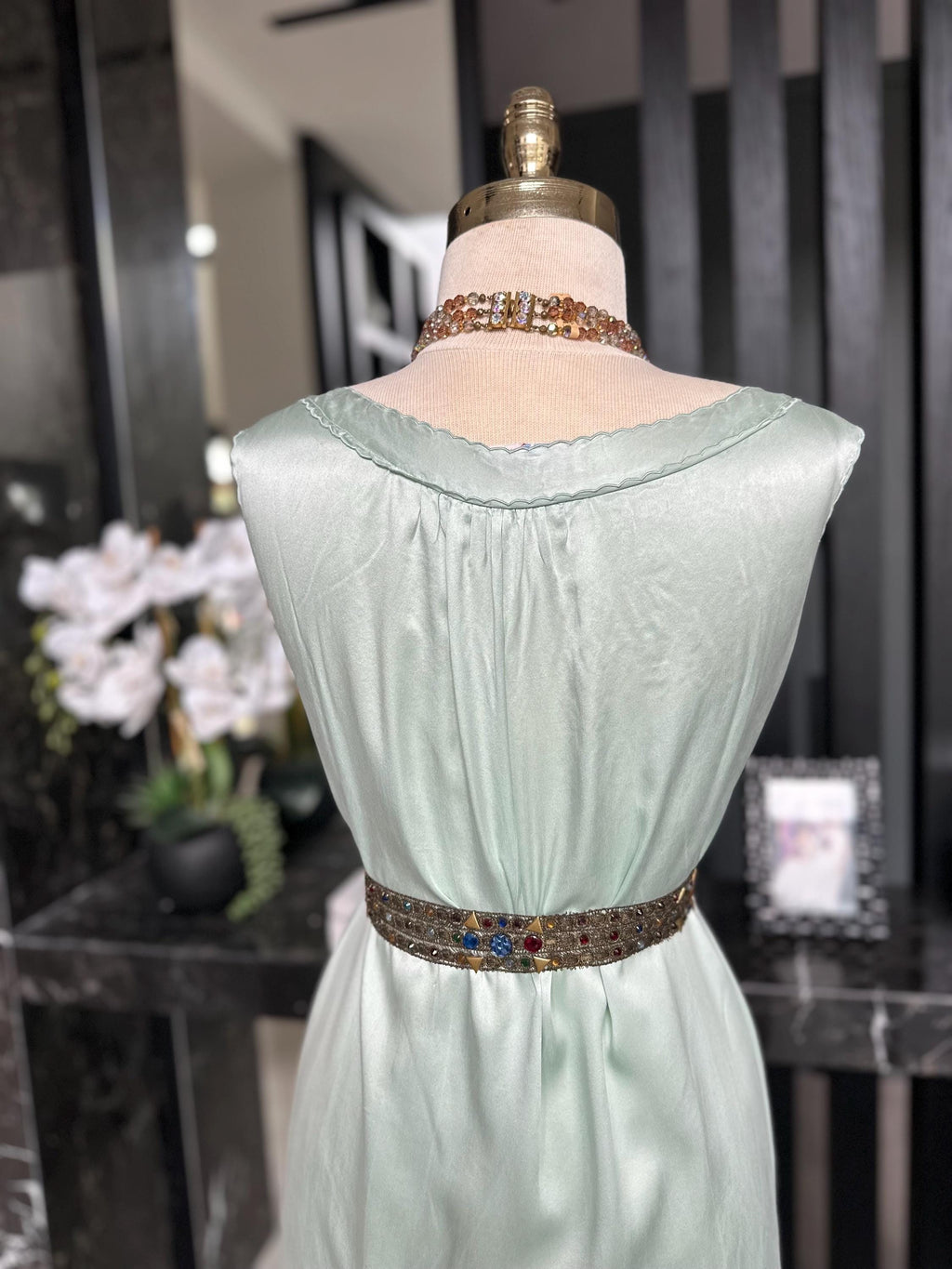 Vintage Green  Silk slip dress – Off-Shoulder Gown