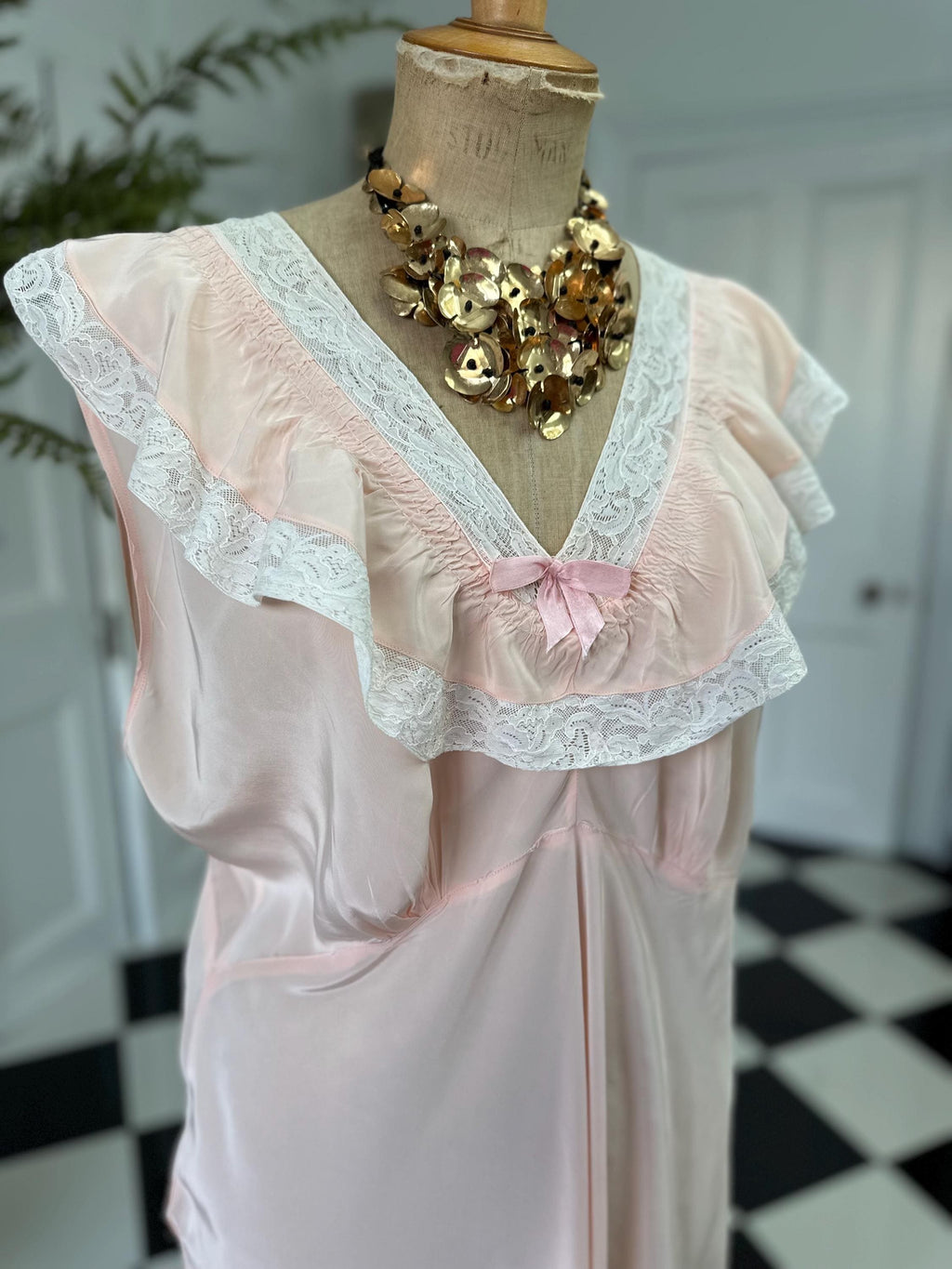 1930s Pale Pink Slip Dress: Vintage Bias Cut with Cream Lace