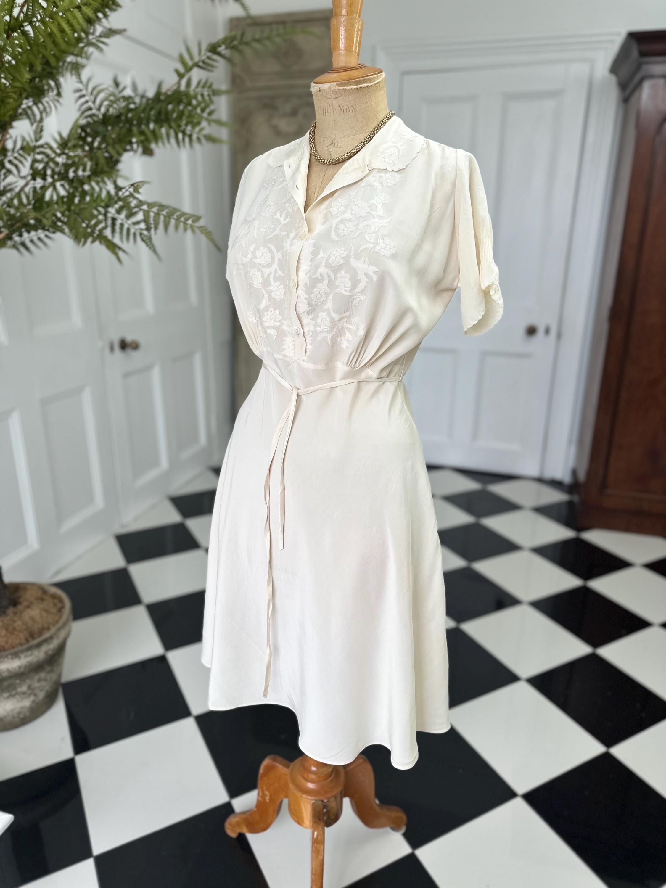 1940s Cream Silk Dress: Vintage Hand Embroidered A-Line