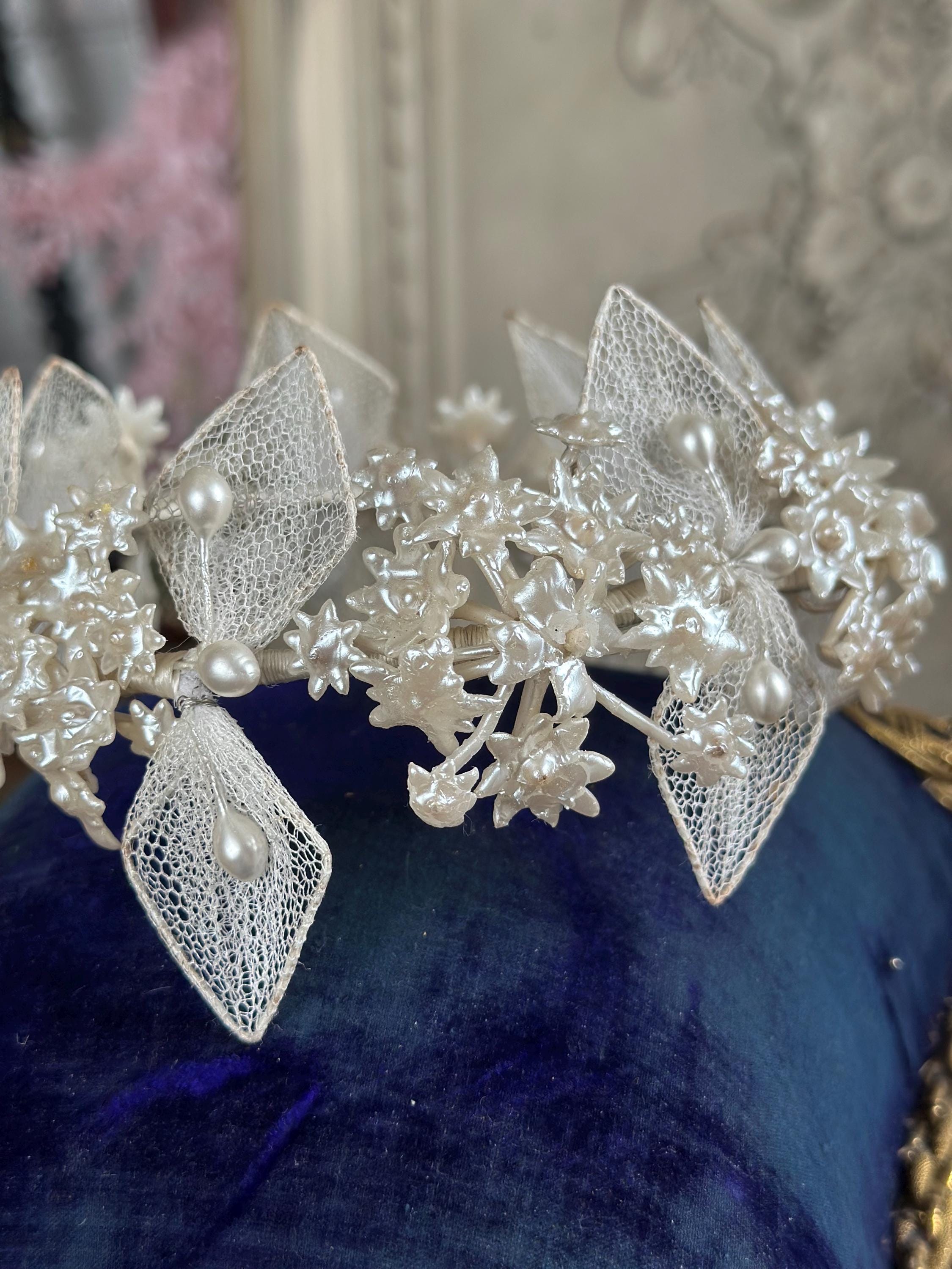 Antique 1940s  Floral Wax Tiara with tulle