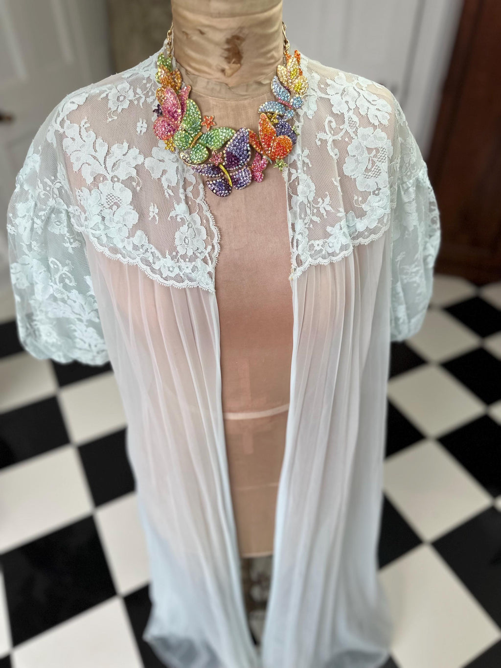 1970s Pale Blue Sheer Peignoir with Pleated Skirt and Lace Top