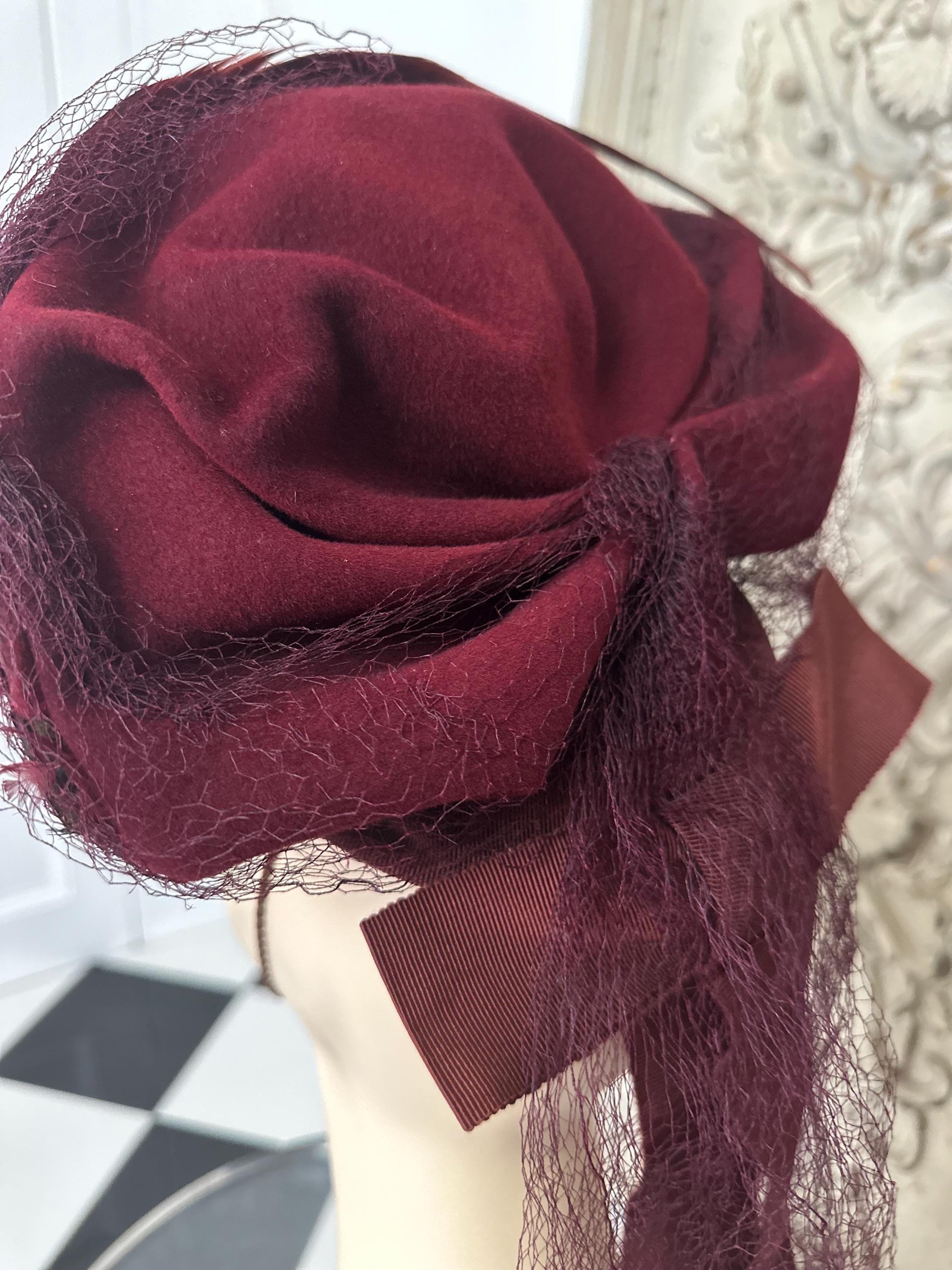 1950s Dark Red Felt Wool Hat with Feathers