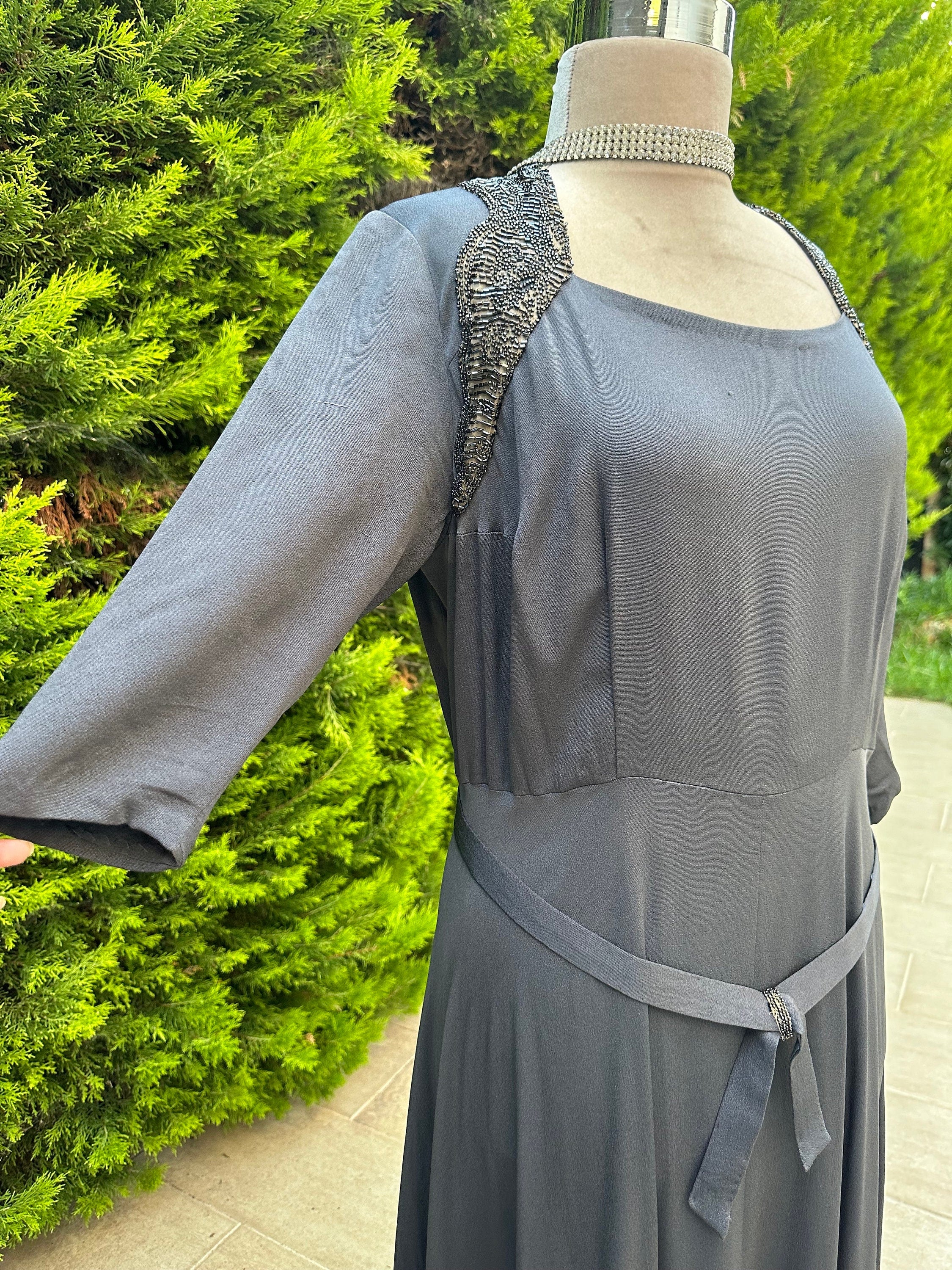 1940s Silk grey beaded cocktail dress party dress