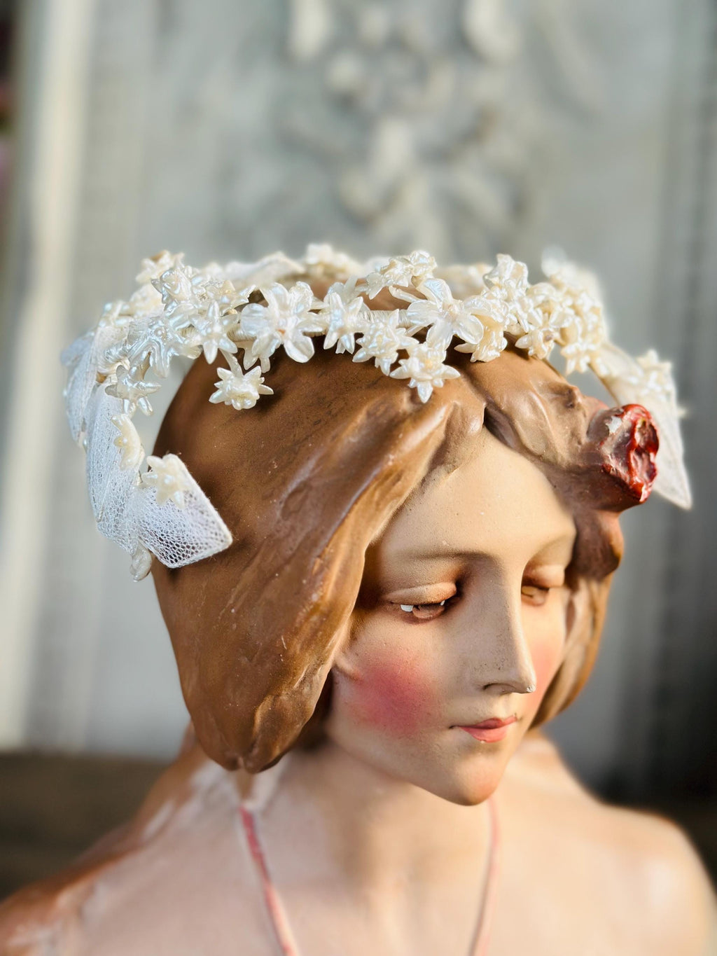 Antique 1940s  Floral Wax Tiara with tulle