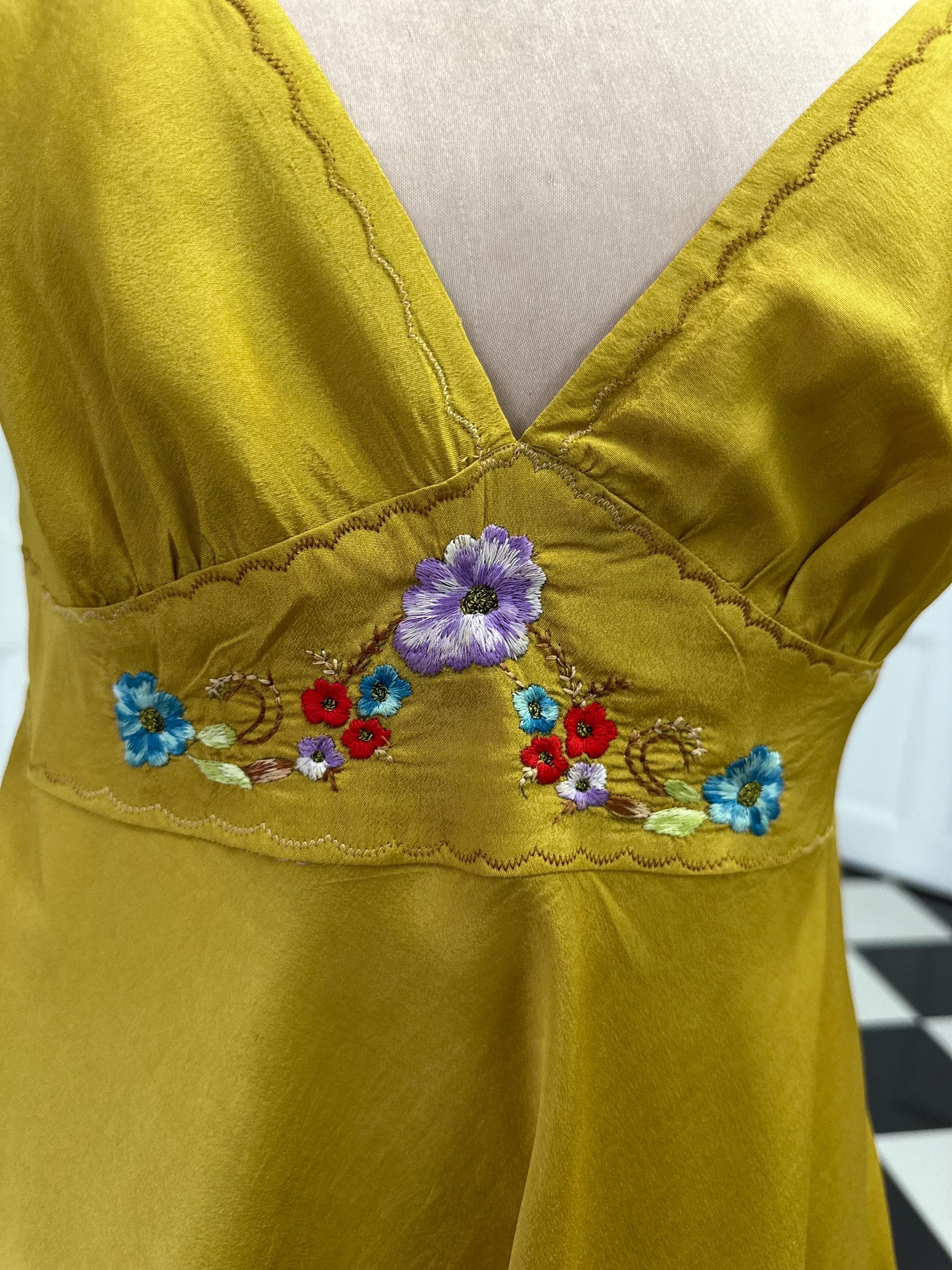 Vintage Mustard Cross Back Silky Mini Slip Dress