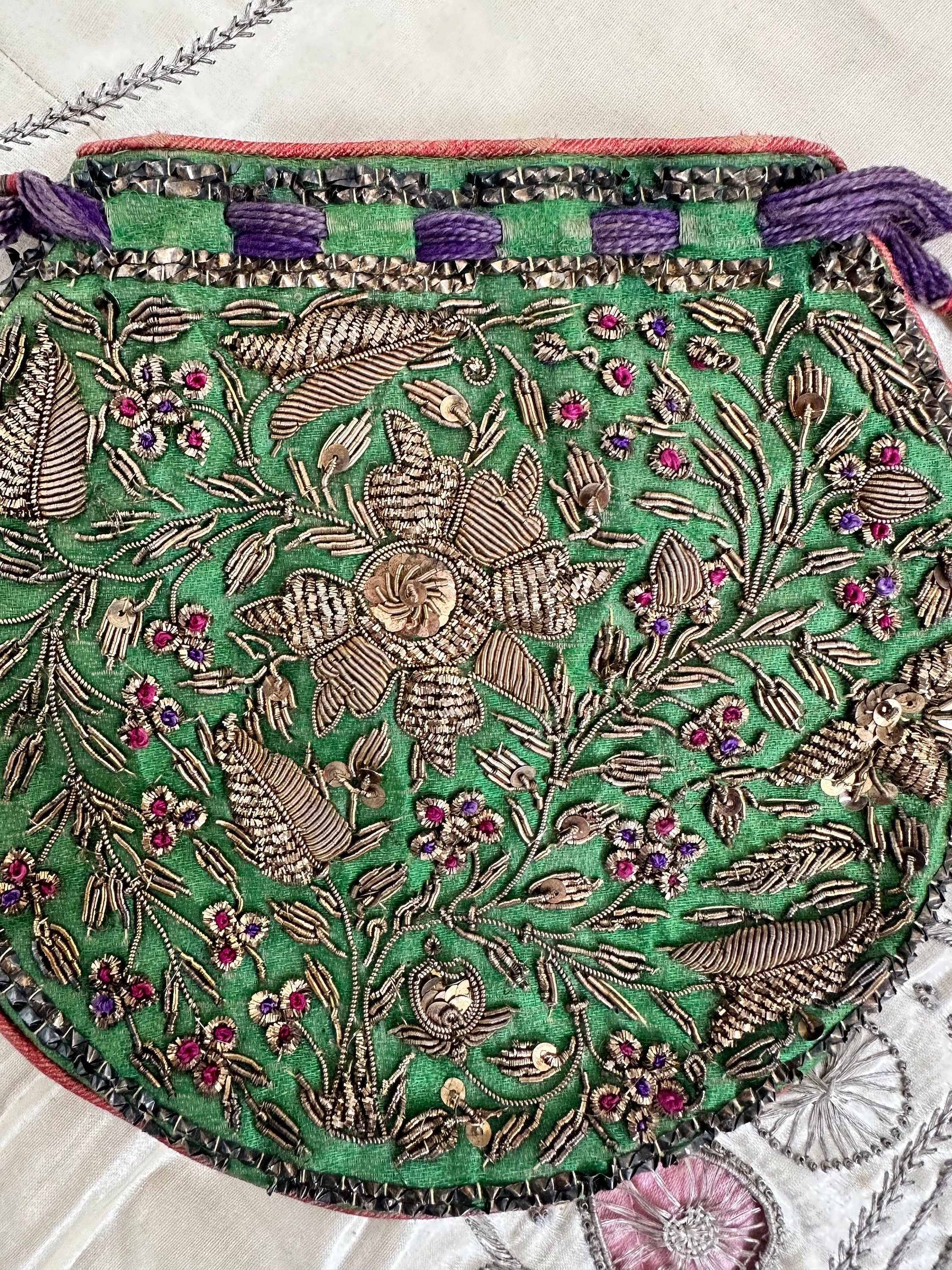 Antique Zardozi Purse: 19th Century Emerald Green Satin Coin Purse