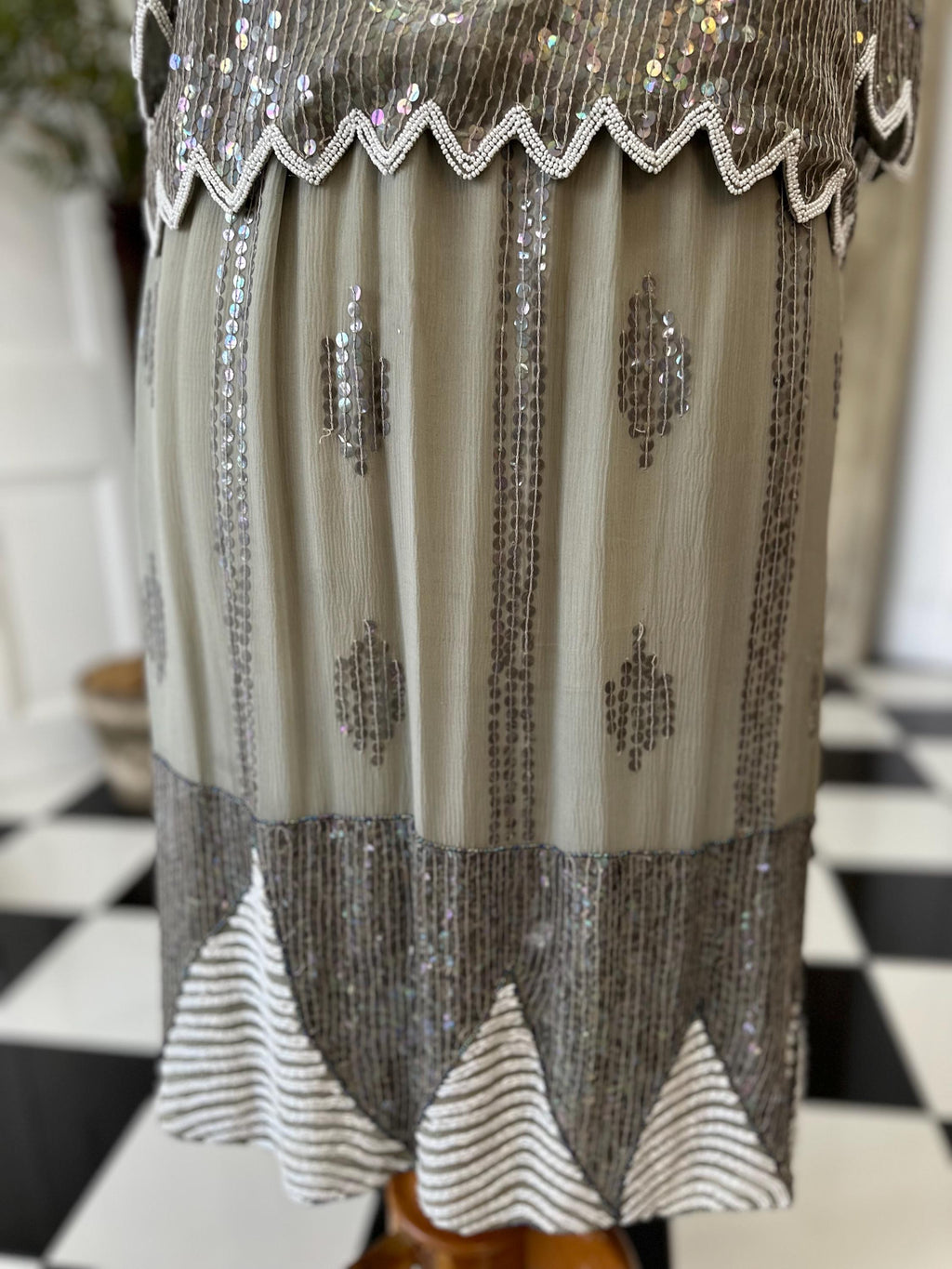 Vintage sage green and white sequin top and skirt