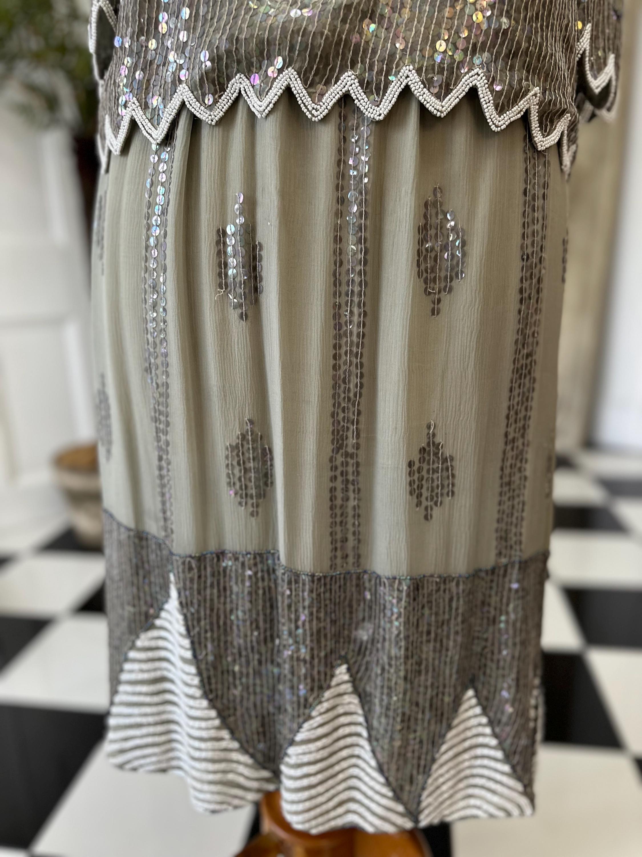 Vintage sage green and white sequin top and skirt