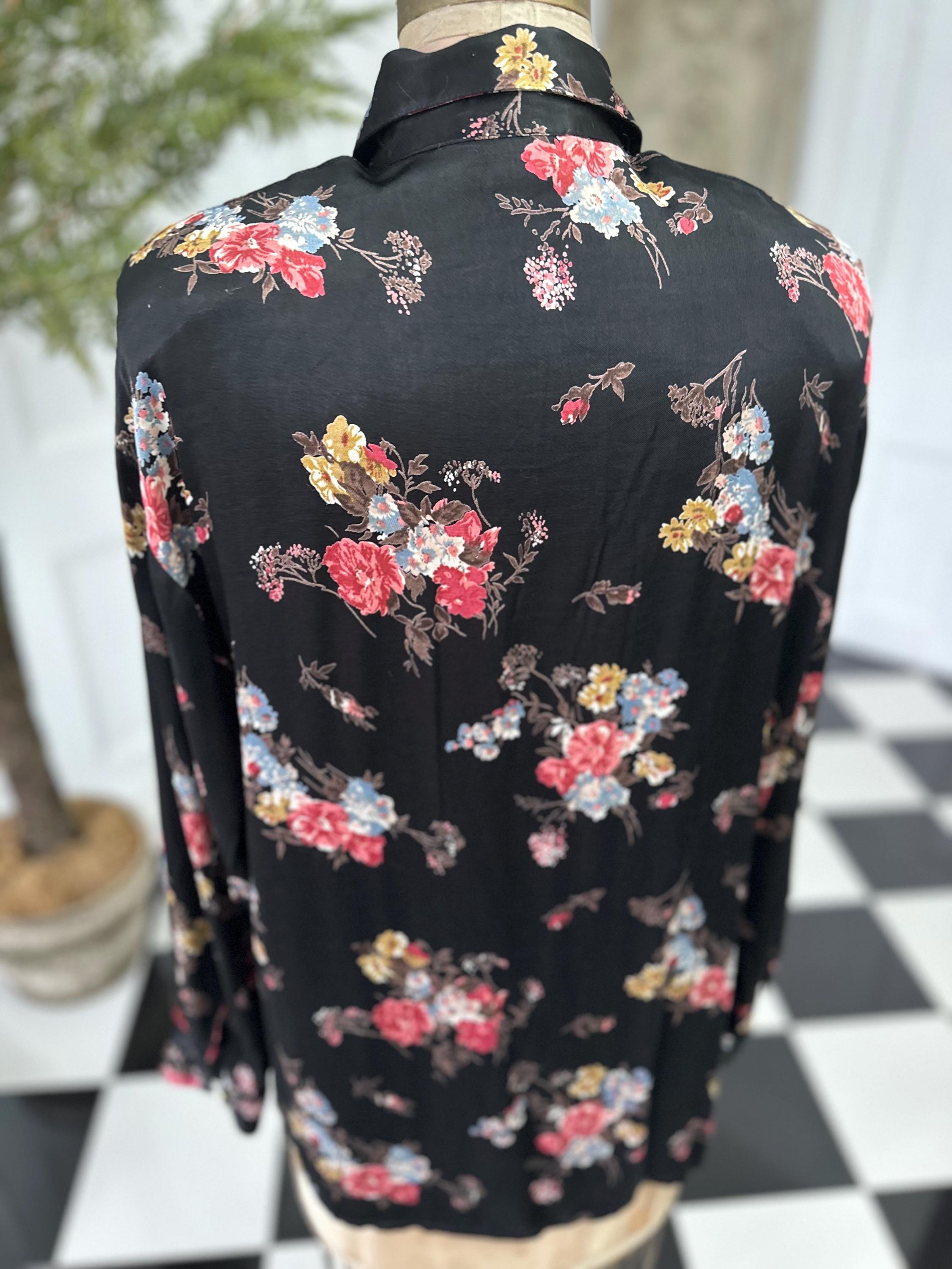 1980s Satin Black Floral Long Sleeve Blouse Vintage Chic