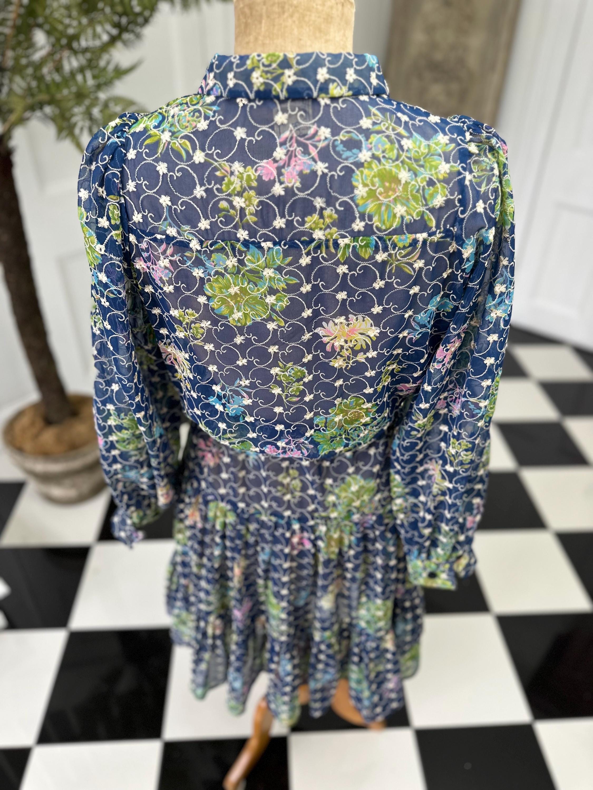 1970s Vintage Organdie Dress: Blue Green Floral Embroidered Long Sleeve