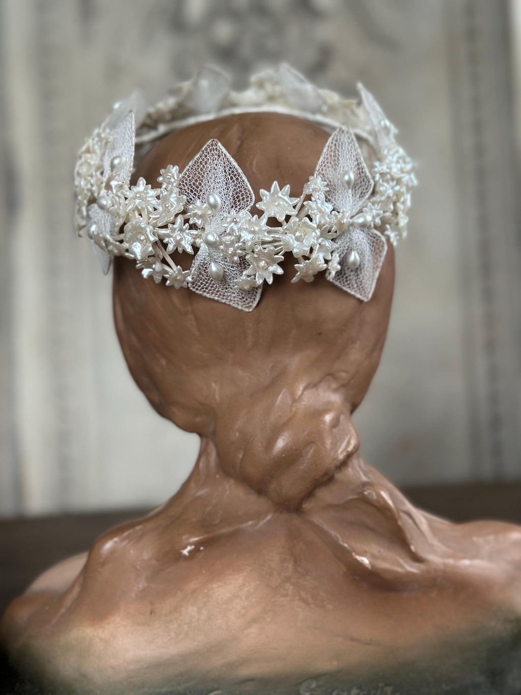 Antique 1940s  Floral Wax Tiara with tulle
