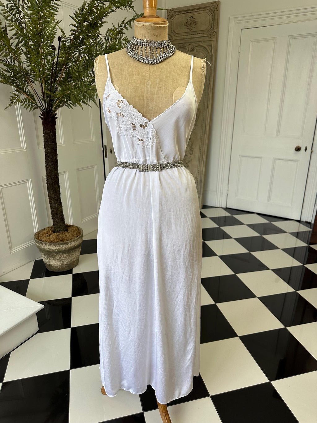 Vintage Long White Silk Slip with Lace Detailing