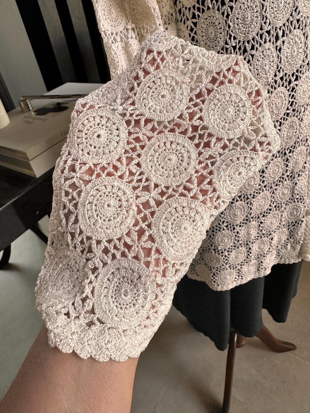 Hand Crocheted White Cardigan – Boho Medallion Lace Jacket, Cotton Blend Summer Knitwear