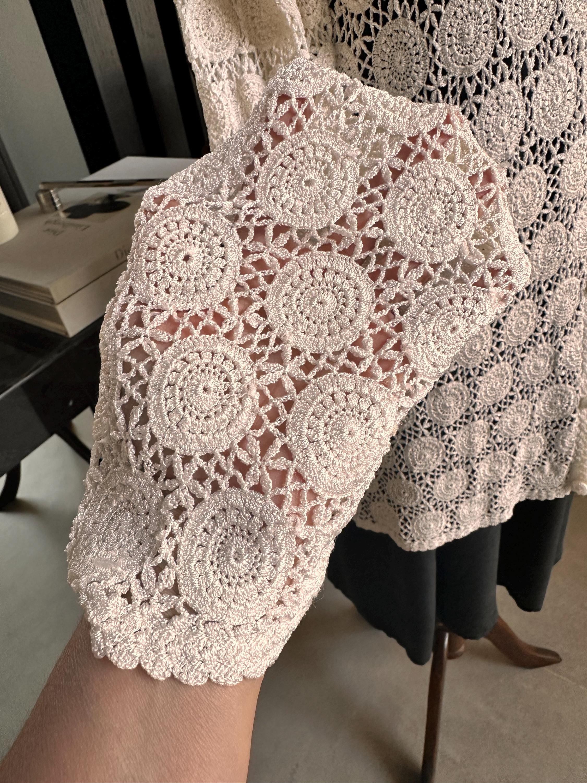 Hand Crocheted White Cardigan – Boho Medallion Lace Jacket, Cotton Blend Summer Knitwear