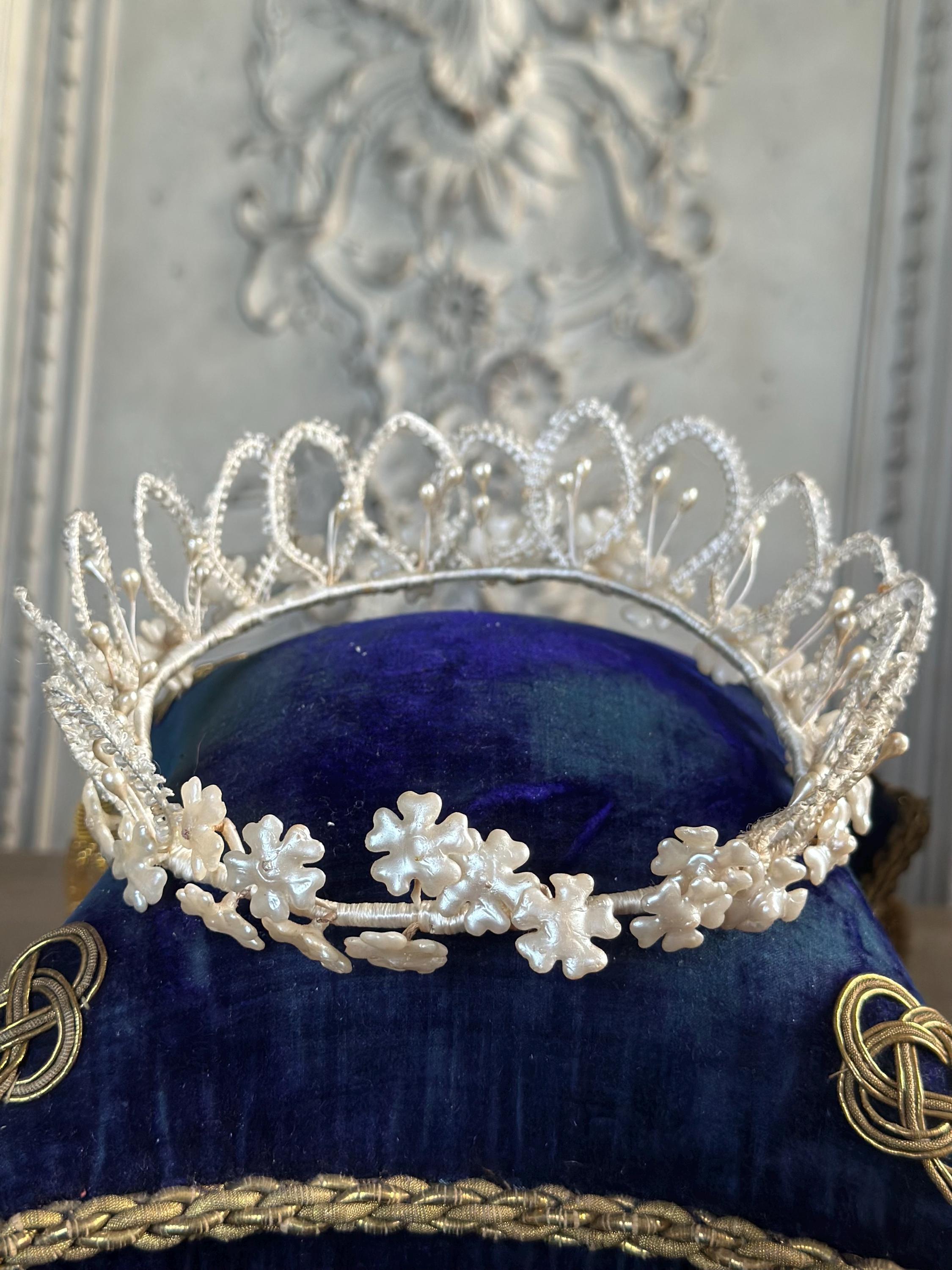 Antique 1950s  Floral Wax with ribbon tiara crown