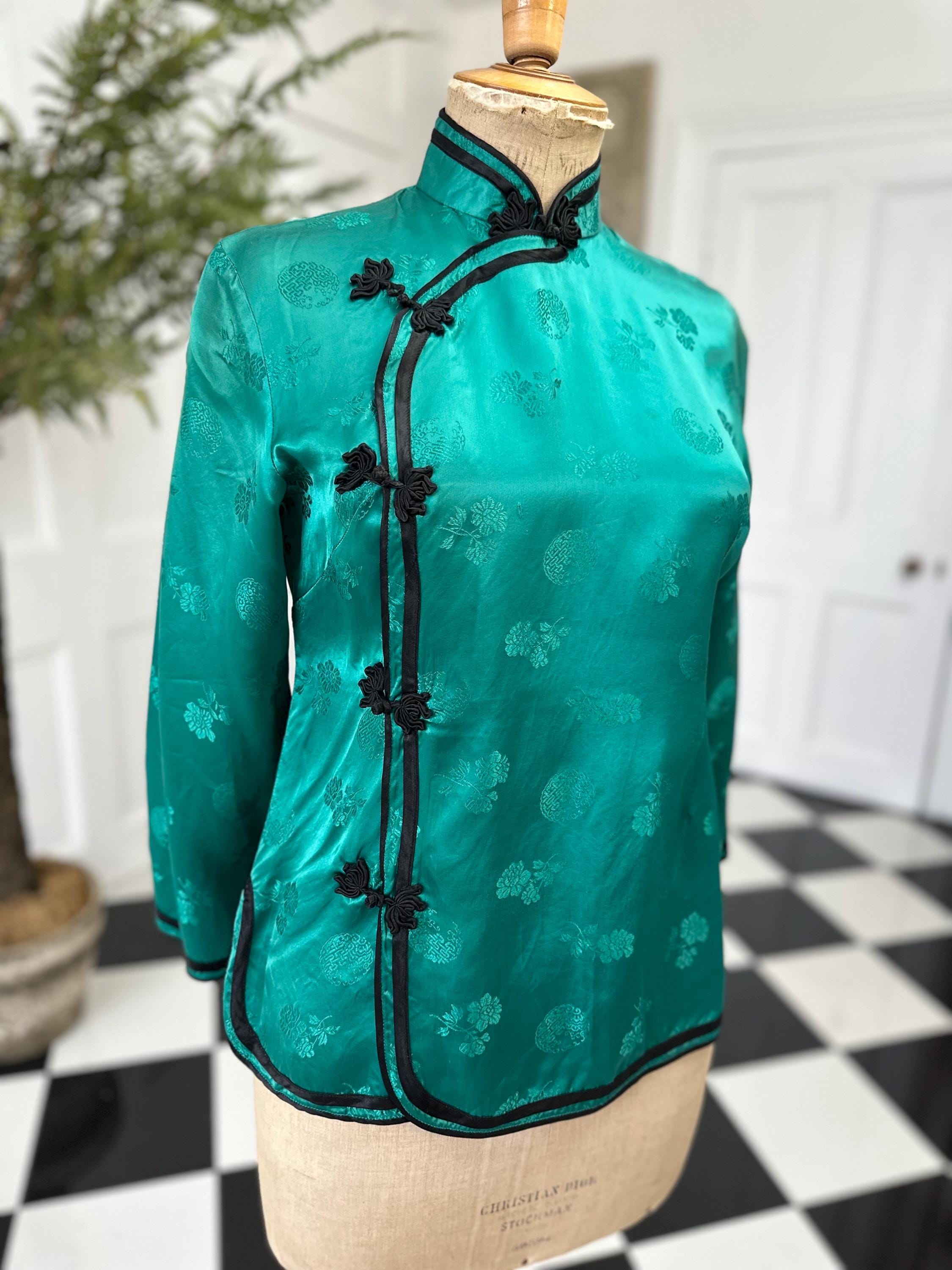 Chinese Emerald green rayon blouse label Silver Lake