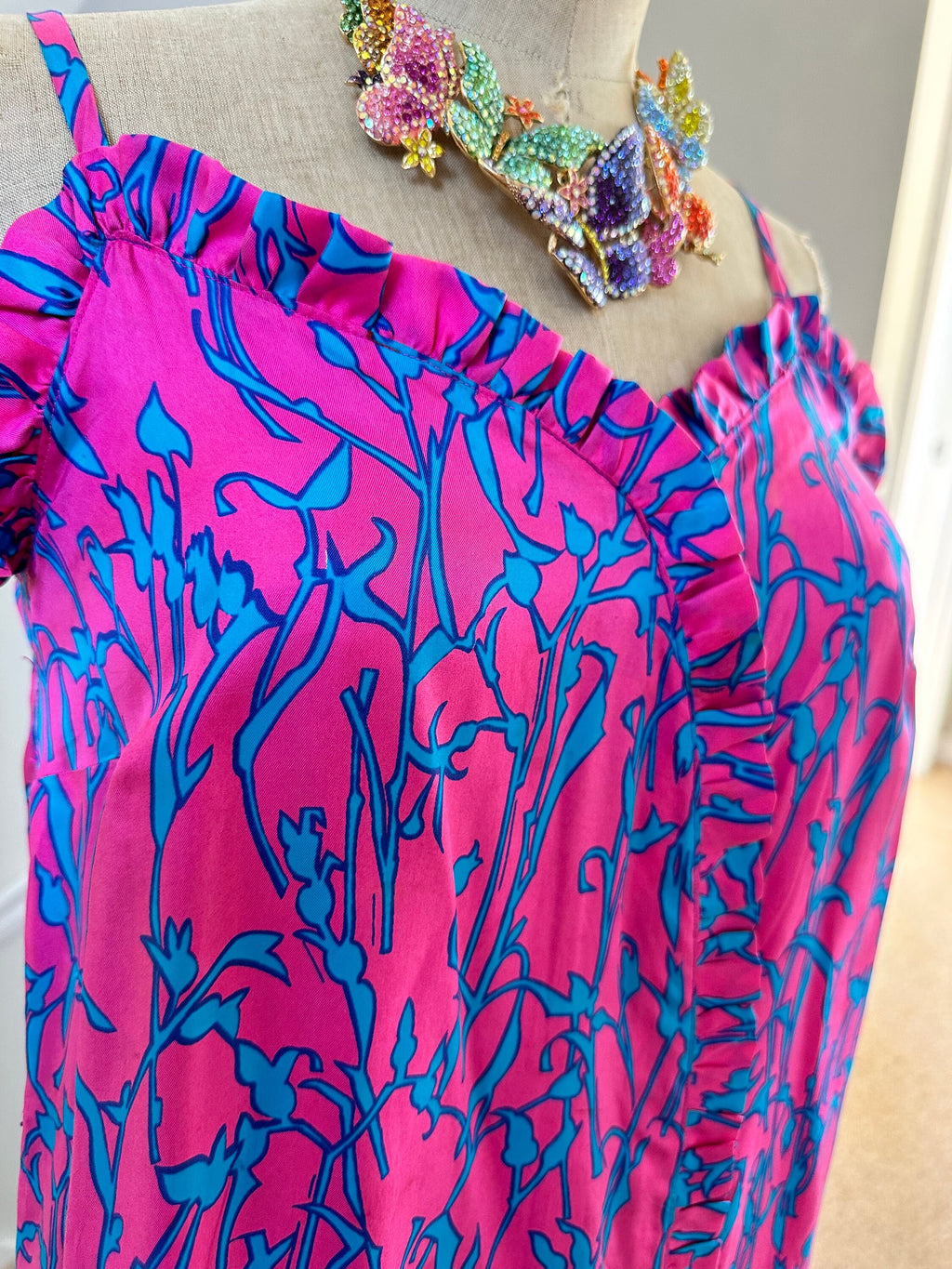 1970s Vintage silk spaghetti summer dress in hot pink and turquoise