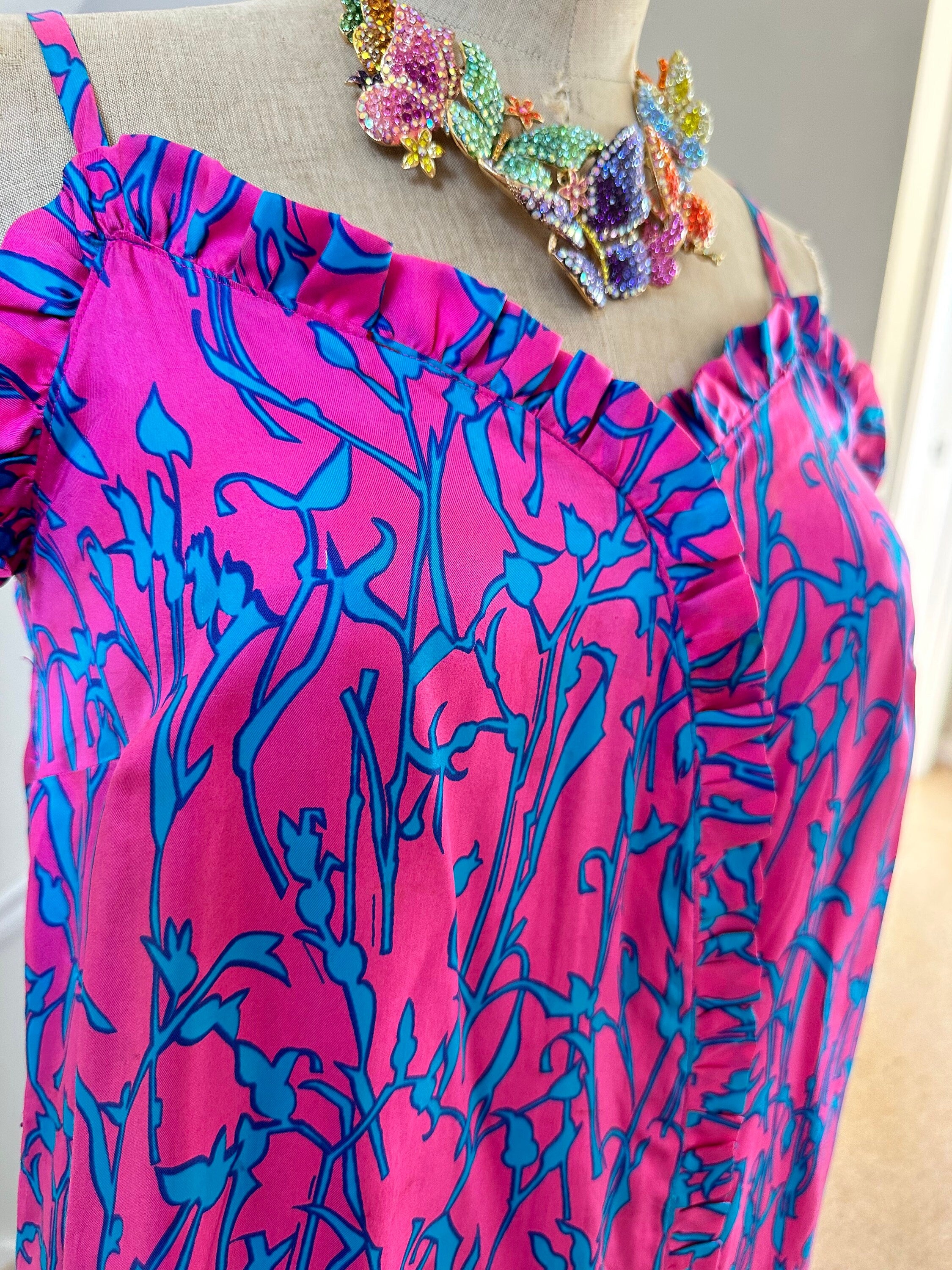 1970s Vintage silk spaghetti summer dress in hot pink and turquoise