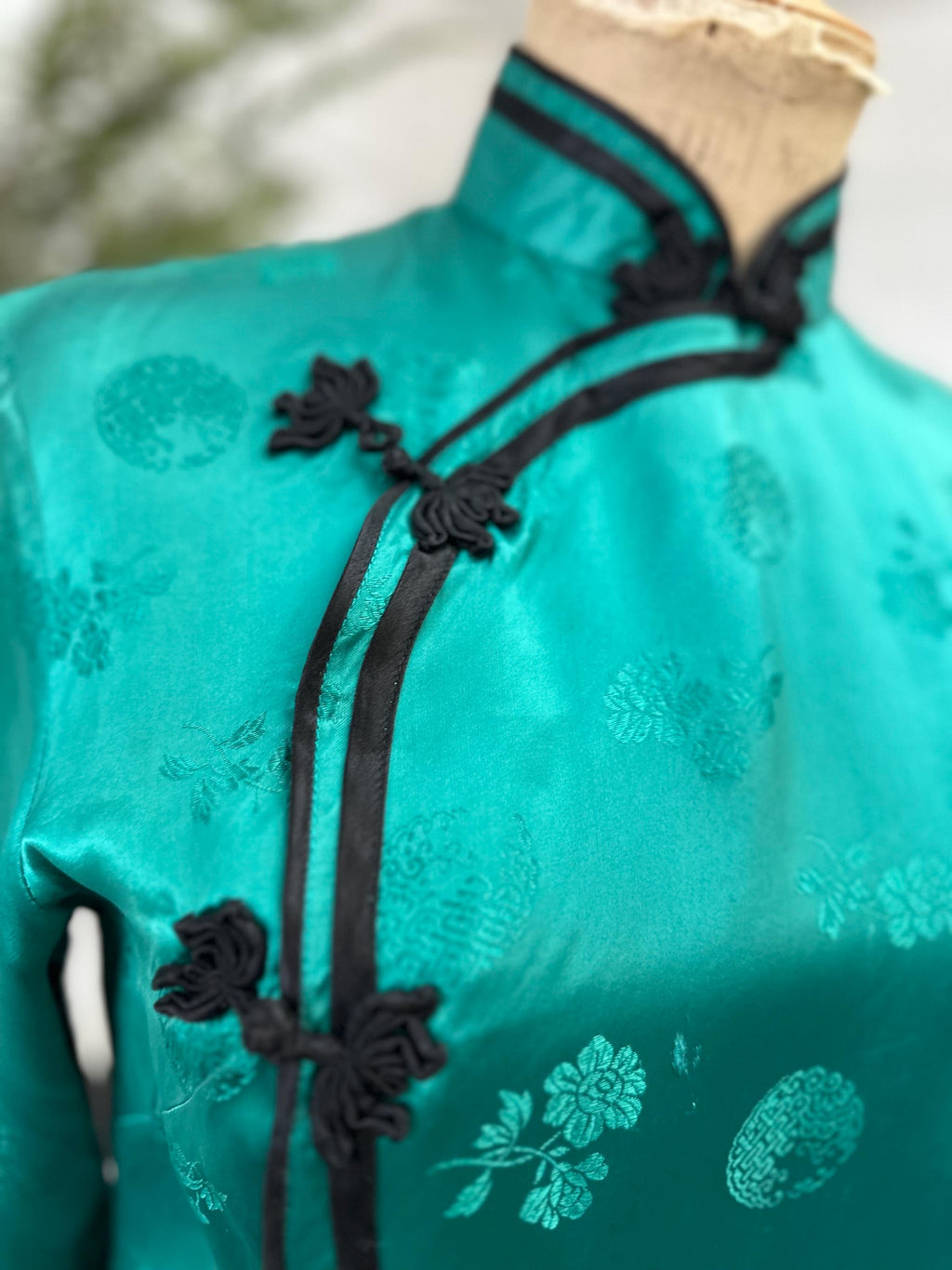 Chinese Emerald green rayon blouse label Silver Lake