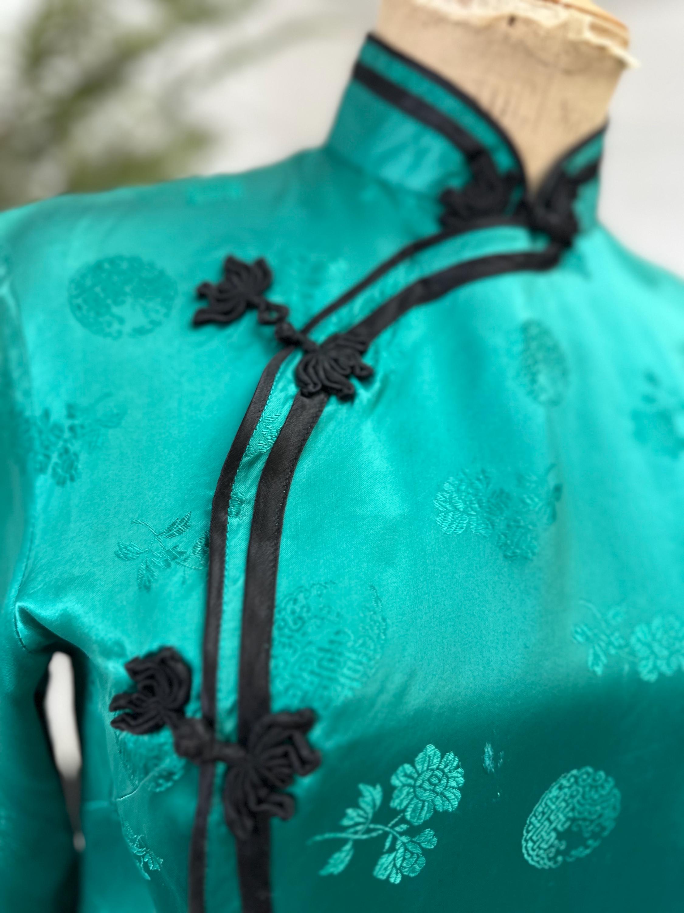 Chinese Emerald green rayon blouse label Silver Lake