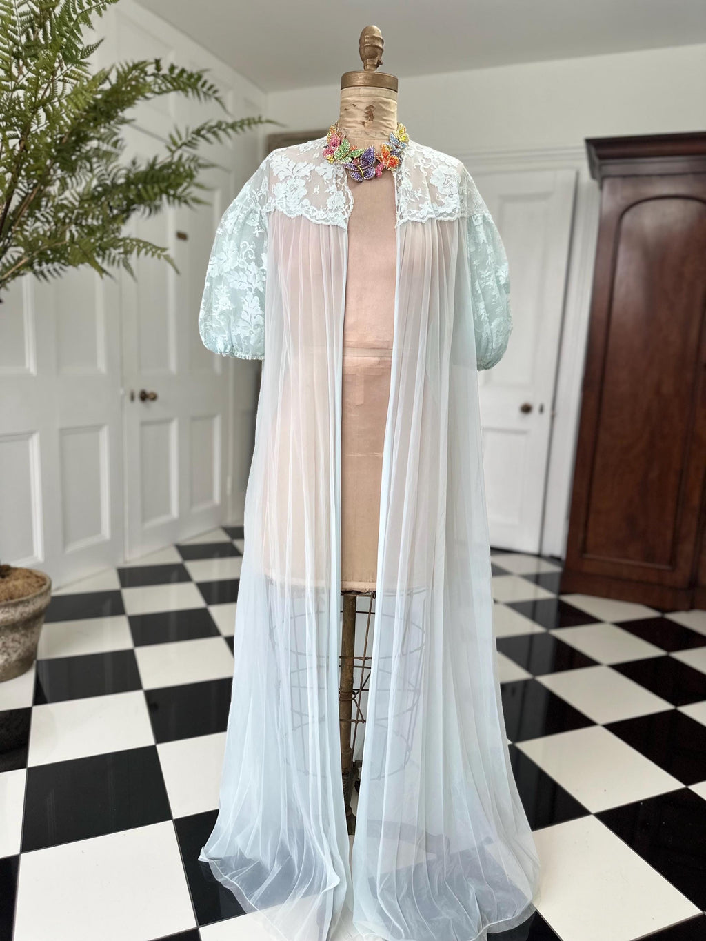 1970s Pale Blue Sheer Peignoir with Pleated Skirt and Lace Top