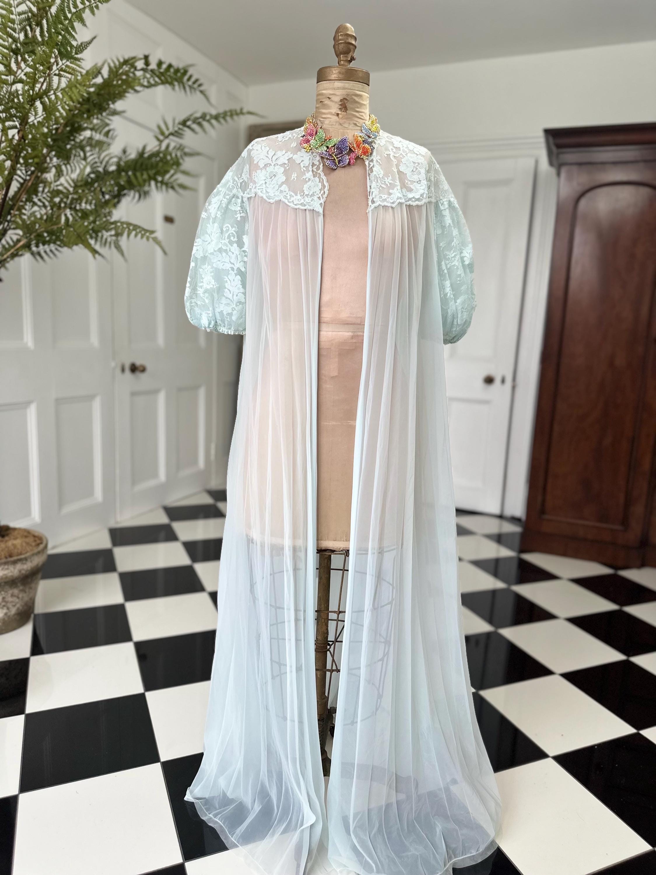 1970s Pale Blue Sheer Peignoir with Pleated Skirt and Lace Top