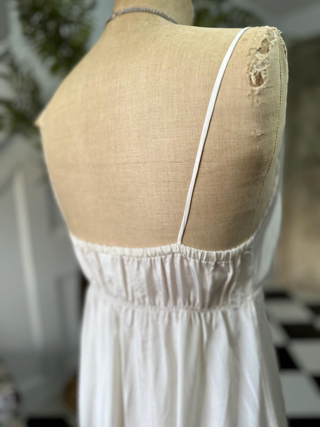 1970 long sexy slip dress with cutout lace details in off white