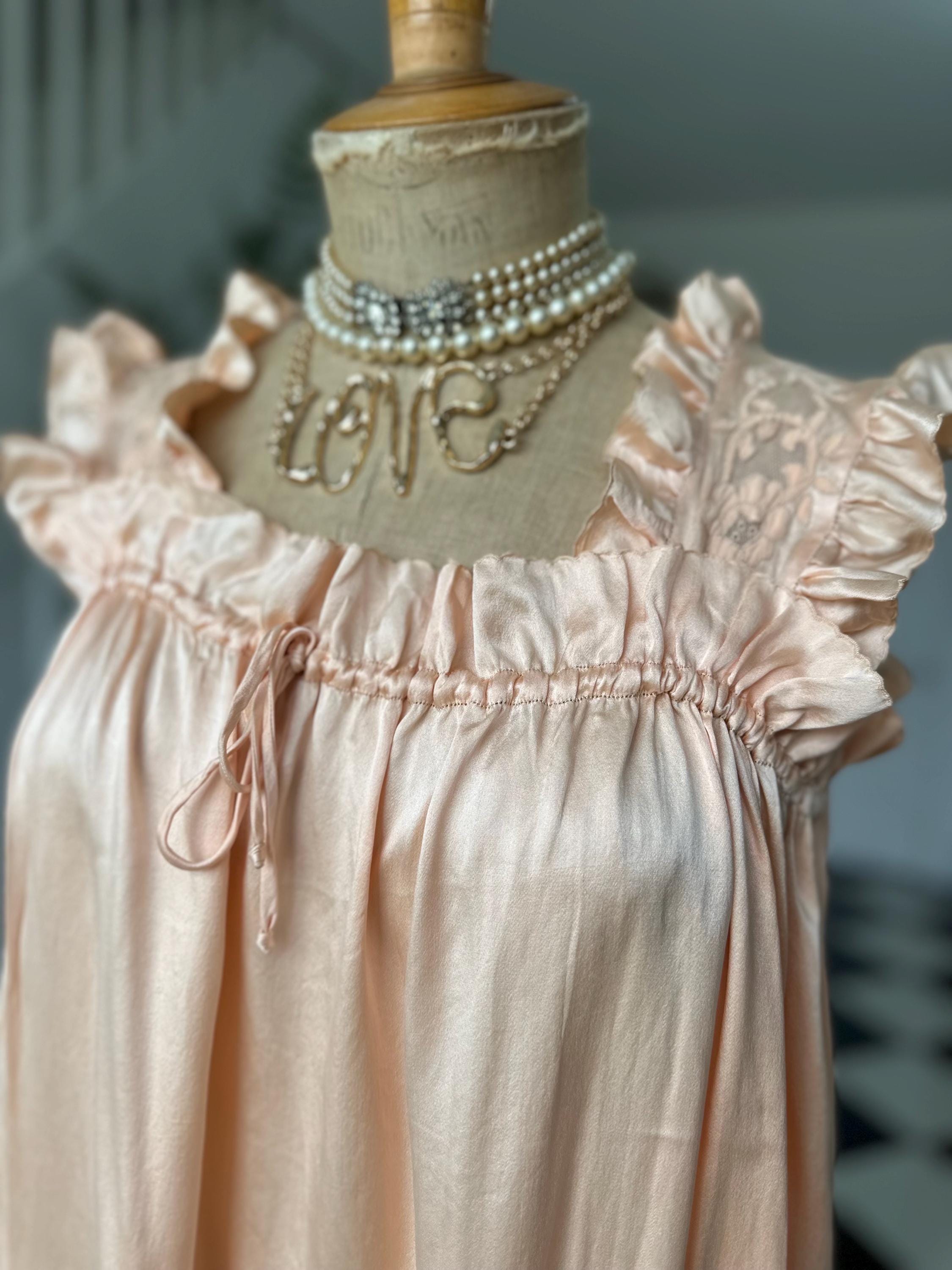 Vintage 1930s 40s  peach Silk smock slip dress hand embroidery and ruffle trimming