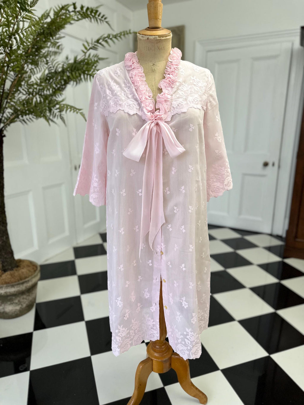 Vintage 1970 Pink Babydoll Gown Playful Ruffles Floral Embroidery