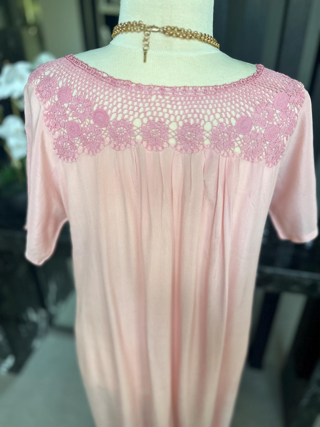 1940s Pink Silk Maxi Dress – Embroidered Crochet Neckline, Flutter Sleeve Gown