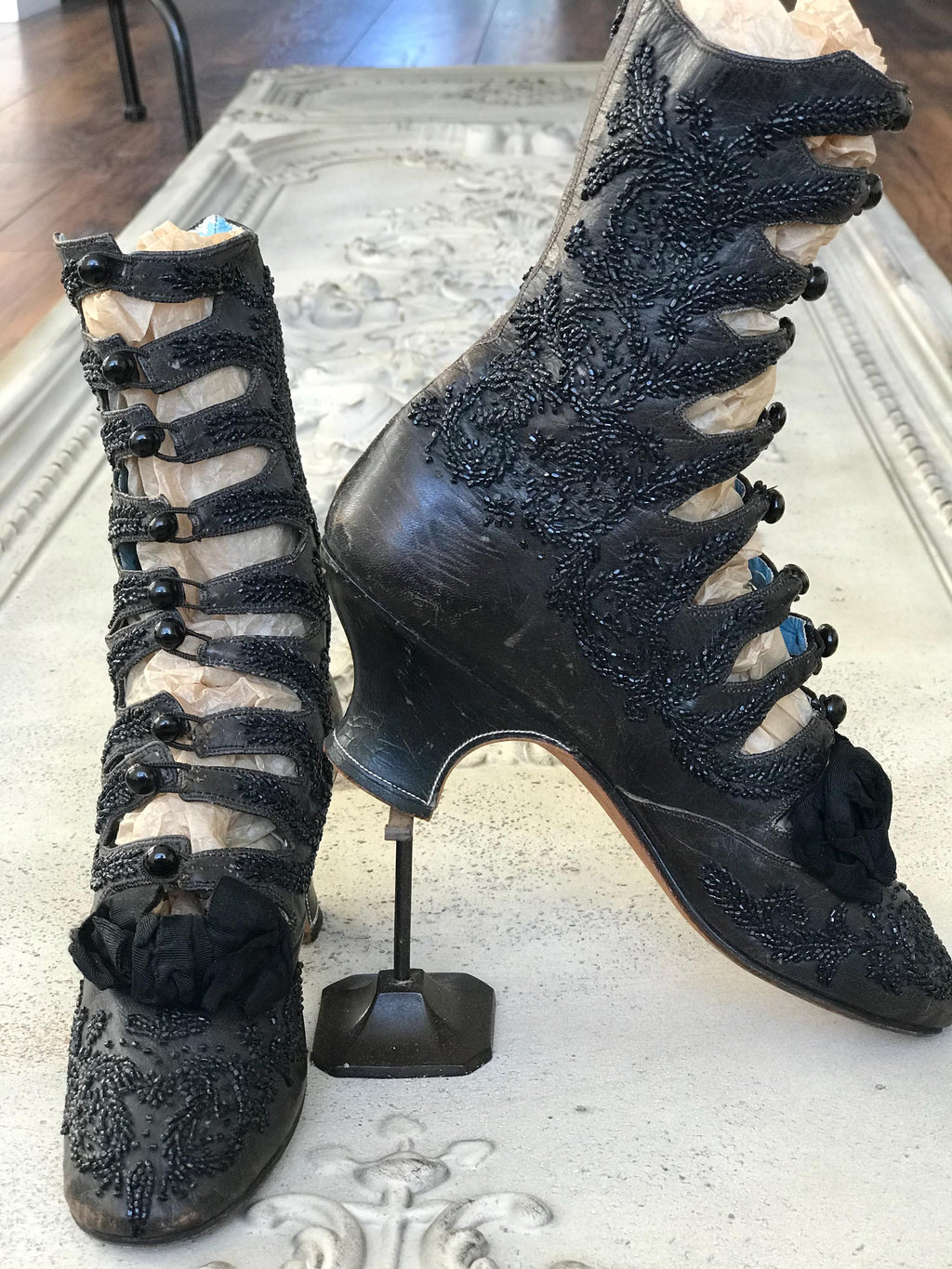 Antique Victorian shoe boots brown leather with beaded embroidery